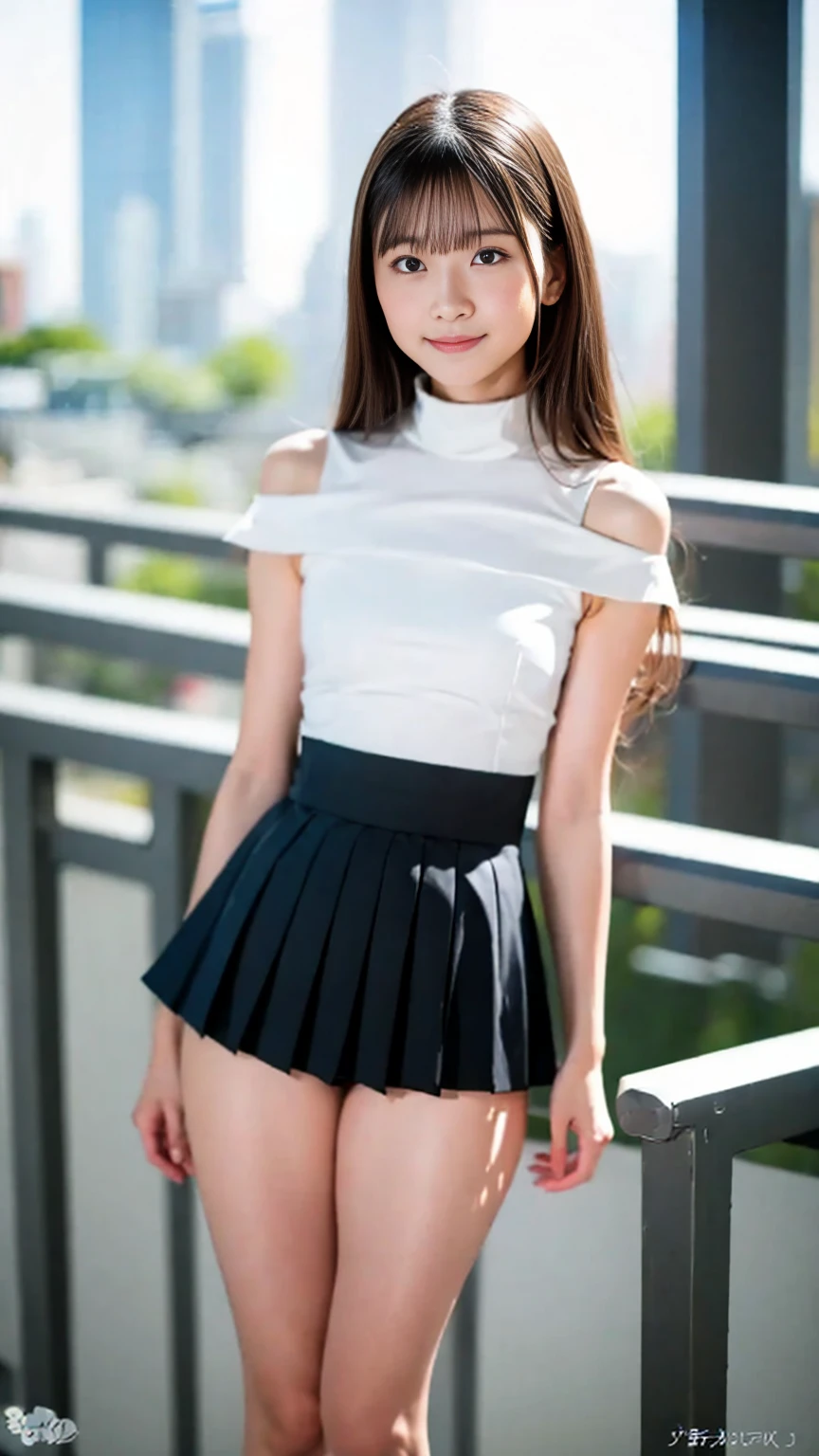 ((Full body:1.2,Voyeur from the front:1.2,from a distance:1.2)),(Very beautiful 13 year old Japanese skinny girl:1.4),A girl wearing a pure white frilly miniskirt dress,Pure white high heels,slim body shape,disproportionate breasts,huge Breasts,Embarrassing pose,Anxious expression,Looking Ahead,from below,realistic,best quality,ultra-detailed,high resolution