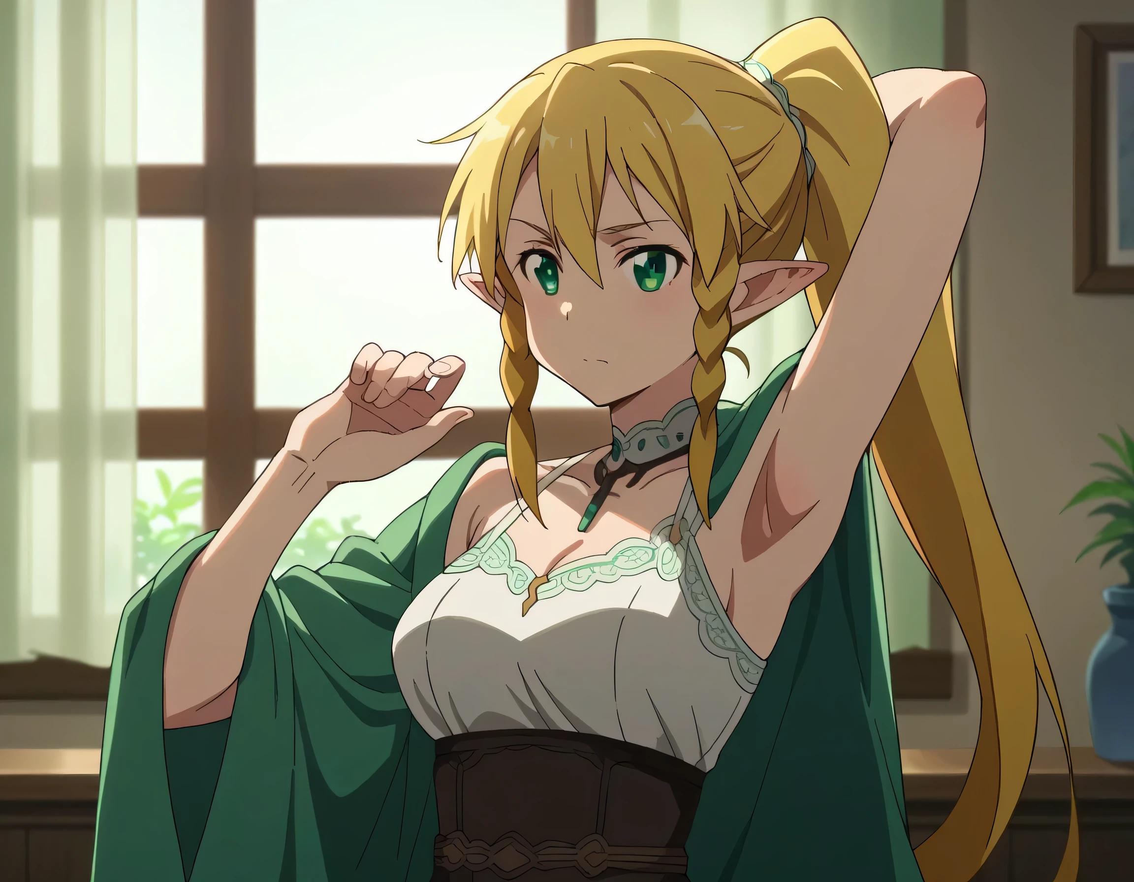 1girl, suguha kirigaya, long hair, blonde hair, hair between eyes, green eyes, ponytail, braid, pointy ears, twin braids, wearing a light blue, delicate lace-trimmed dress with thin straps, Over shoulders is a sheer white shawl or robe, rise one arm up, indoors, warm natural light streaming through a nearby window, soft shadows and gentle, serene atmosphere,Armpit