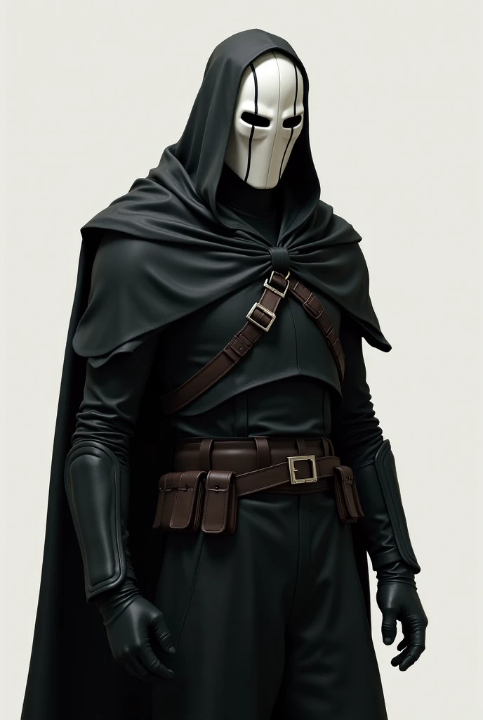 solo male, black robes, black hood, white mask, skeletal mask, covering entire face, slim, fantasy