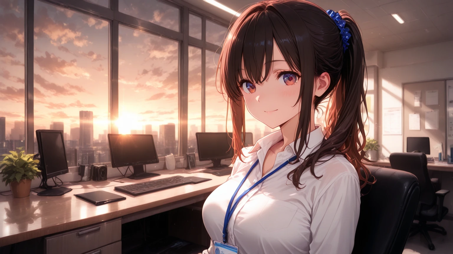 A woman wearing a white office t-shirt, wearing a tie around your neck, uma saia preta, meias longas femininas, seios grandes, cabelo loiro longo, olhos azuis, in an office in a large building, com tabelas, computadores, a window overlooking several buildings, lugar brilhante, efeito de desfoque de fundo, HDR, ultra resolution, bem definido, obra de arte, 8k HD.