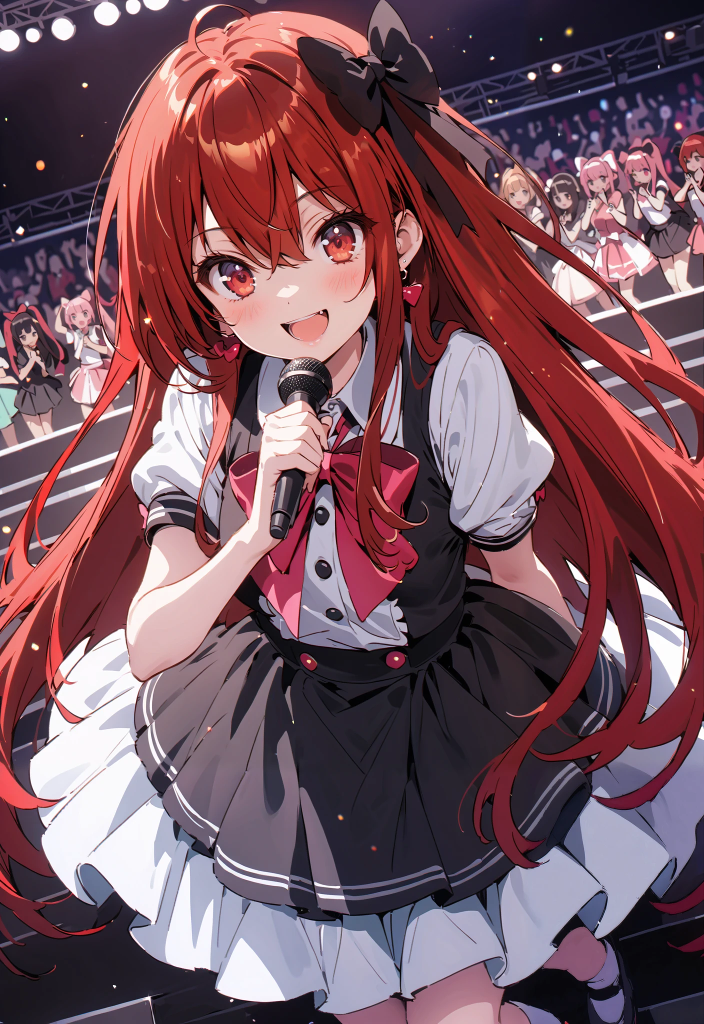 score_9, score_8_up, score_7_up, source_anime,shana , very long hair, red hair, Red Eyes, stupid hair, small ,smile,cover,open your mouth,idol costume, dress,collared dress,jacket,cropped jacket,Short sleeve,bowtie,bow,button, above Decorati has ,is standing,dancing,(white knee-high:1.2),shoes, illustrations of scenes where idol singers sing enthusiastically on a live stage ,アイドル歌手が ステージ中央にis standing, idol singers sing with microphones , idol singers are serious and impressive ,The singer's voice is strong and beautiful. , fans gather around the stage , fans sing and dance with idol singers Idol singers who do things ,The Big Picture, Various colored lights ,full bodyがイラストに入るように,break indoors, concert venue,
break looking at viewer,full body,
break (masterpiece:1.2),best quality , kampala,Unity 8k Wallpaper,(shape:0.8),( fine, beautiful eyes :1.6),It's a person ,full body写真,CG Details , (perfect hands,complete anatomy),