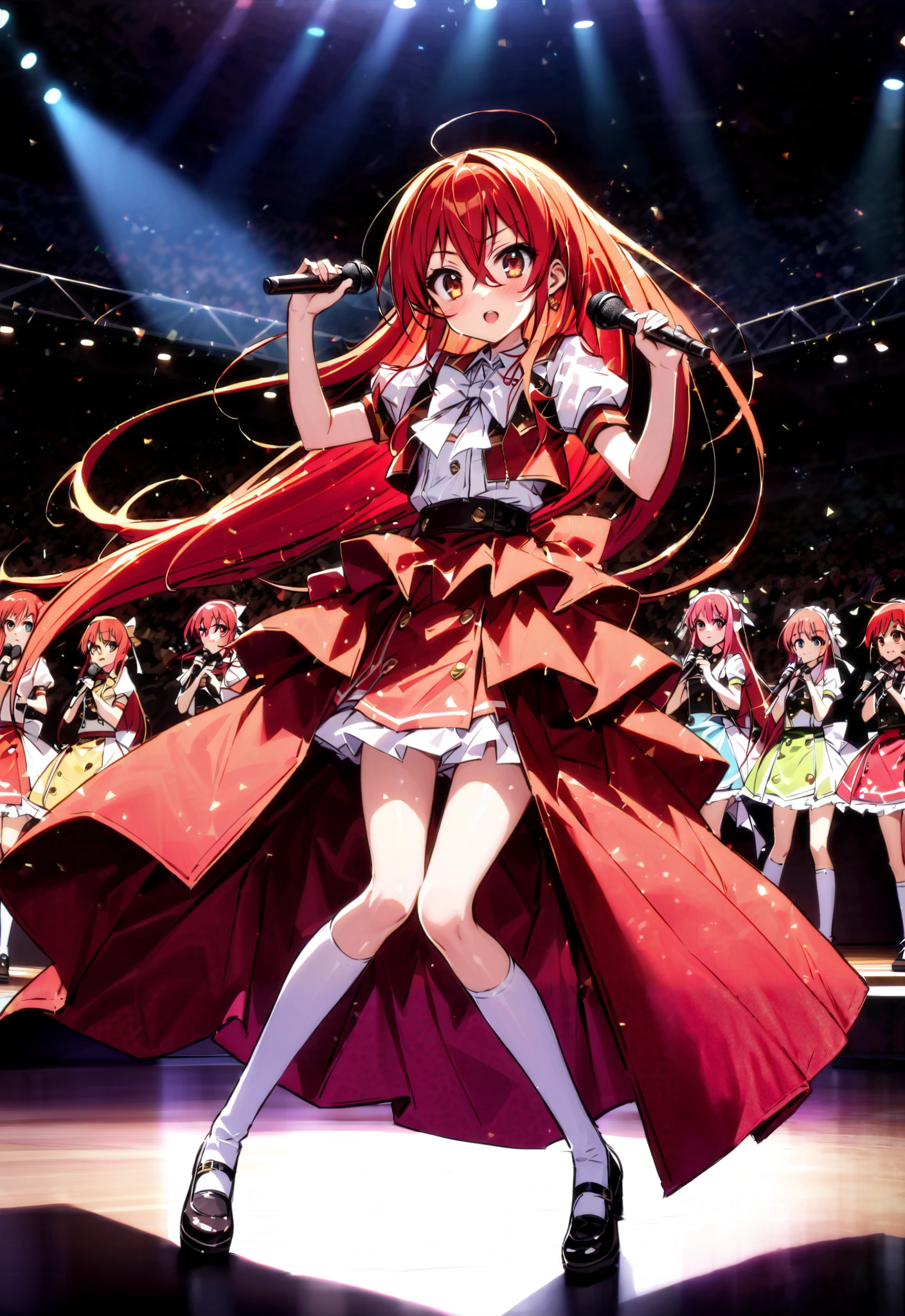score_9, score_8_up, score_7_up, source_anime,shana , very long hair, red hair, Red Eyes, stupid hair, small ,idol costume, dress,collared dress,jacket,cropped jacket,Short sleeve,bowtie,bow,button, above Decorati has ,is standing,dancing,(white knee-high:1.2),shoes, illustrations of scenes where idol singers sing enthusiastically on a live stage ,アイドル歌手が ステージ中央にis standing, idol singers sing with microphones , idol singers are serious and impressive ,The singer's voice is strong and beautiful. , fans gather around the stage , fans sing and dance with idol singers Idol singers who do things ,The Big Picture, Various colored lights ,full bodyがイラストに入るように,break indoors, concert venue,
break looking at viewer,full body,
break (masterpiece:1.2),Top Quality , kampala,Unity 8k Wallpaper,(shape:0.8),( fine, beautiful eyes :1.6),It's a person ,full body写真,CG Details , (perfect hands,complete anatomy),