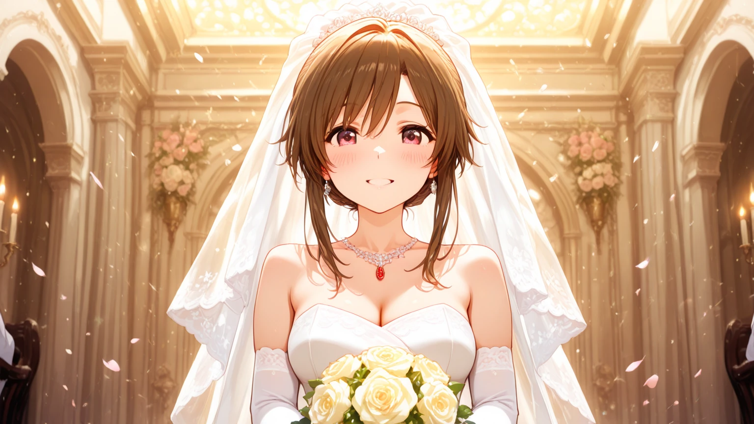 1girl, solo, looking at viewer, simple background, brown hair, gloves, dress, holding, jewelry, flower, earrings, elbow gloves, white gloves, white dress, black background, veil, bouquet, wedding dress, bridal veil, holding bouquet, bride