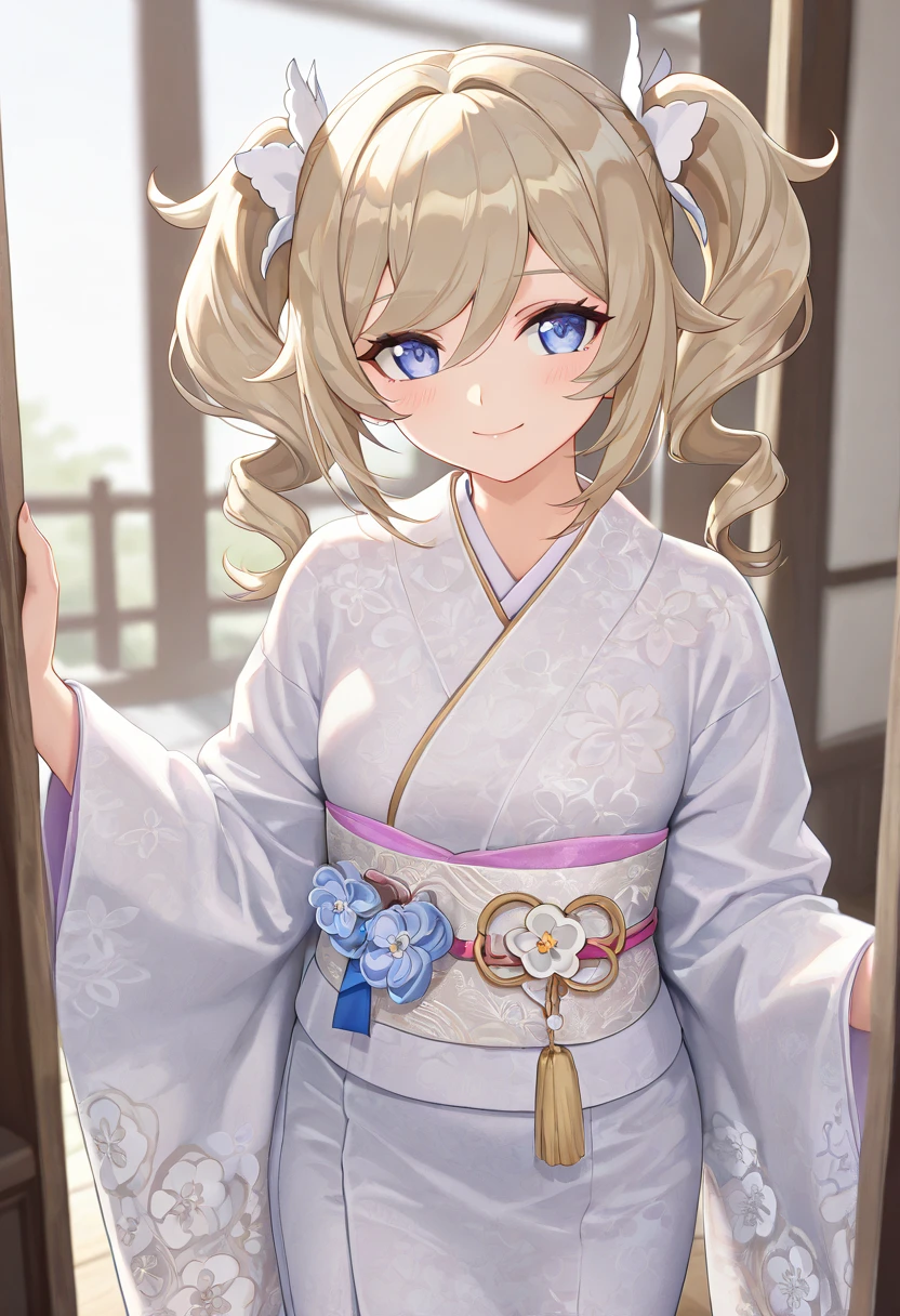 Gold eyes,tareme,The upper part of the body_Body, Front view, fatness, Little,child,, hime-cut, wept bangs, fox ear, Blue yukata,Blonde hair, Long hair,Shiny hair, Seductive smile, Beautiful detailed eyes
