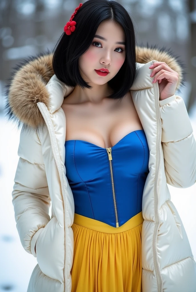 A young 18 year old korean women with massive boob in snow white contume, photorealistic,cinematic, high resolution, dynamic pose, natural liting, realistic, hot sexy pose
