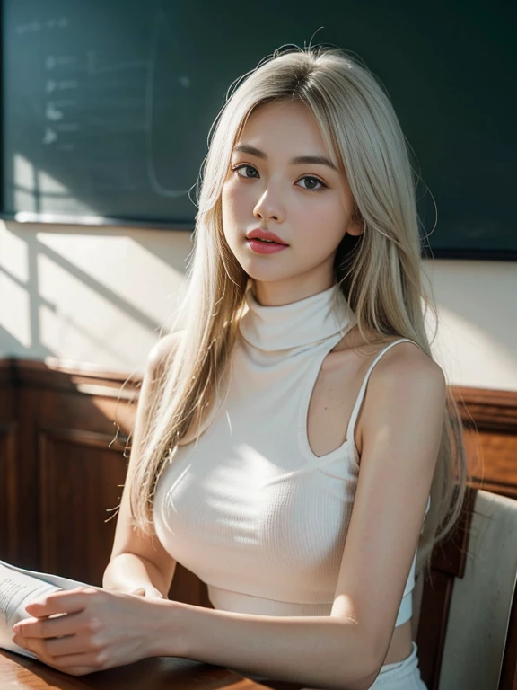 a gilr,dress in a preppy style,miniskirt, in the classroom, panoramic camera, sharp focus, handsome,plump legs, skinny, eyelines,gold necklace,rendered eyes,tall body,adult woman,hair ornament,instagram most viewed,official wallpaper, official art,(kpop idol), half-closed eyes,((photorealistic painting art by midjourney and greg rutkowski)),((supermodel)) <lora:koreanDollLikeness_v10:0.6>