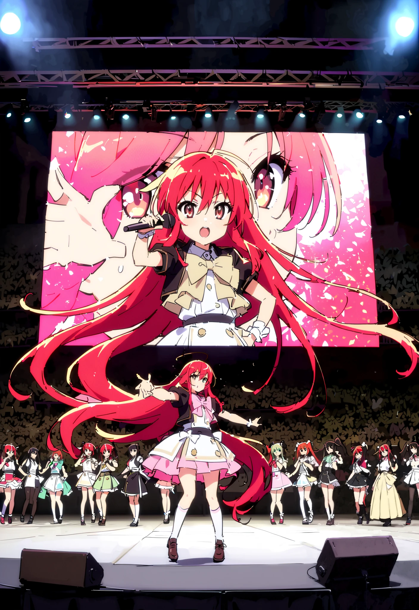 shana , very long hair, red hair, Red Eyes, stupid hair, small ,idol costume, dress,collared dress,jacket,cropped jacket,Short sleeve,bowtie,bow,button, above Decorati has ,is standing,dancing,(white knee-high:1.2),shoes, illustrations of scenes where idol singers sing enthusiastically on a live stage ,アイドル歌手が ステージ中央にis standing, idol singers sing with microphones , idol singers are serious and impressive ,The singer's voice is strong and beautiful. , fans gather around the stage , fans sing and dance with idol singers Idol singers who do things ,The Big Picture, Various colored lights ,full bodyがイラストに入るように,break indoors, concert venue,
break looking at viewer,full body,
break (masterpiece:1.2),best quality , kampala,Unity 8k Wallpaper,(shape:0.8),( fine, beautiful eyes :1.6),It's a person ,full body写真,CG Details , (perfect hands,complete anatomy),