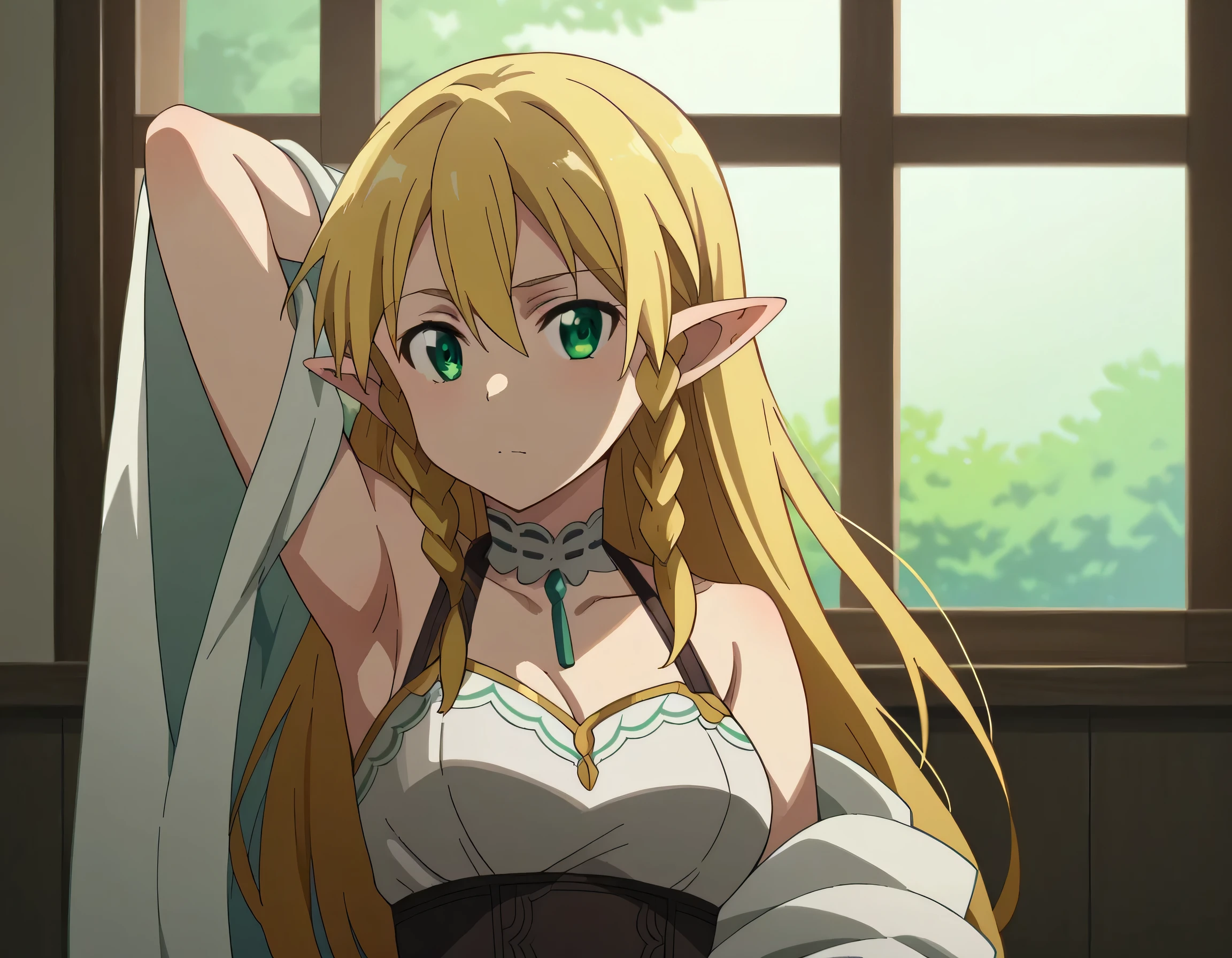 1girl, suguha kirigaya, long hair, blonde hair, hair between eyes, green eyes, braid, pointy ears, twin braids, wearing a light blue, delicate lace-trimmed dress with thin straps, Over shoulders is a sheer white shawl or robe, rise one arm up, indoors, warm natural light streaming through a nearby window, soft shadows and gentle, serene atmosphere,Armpit