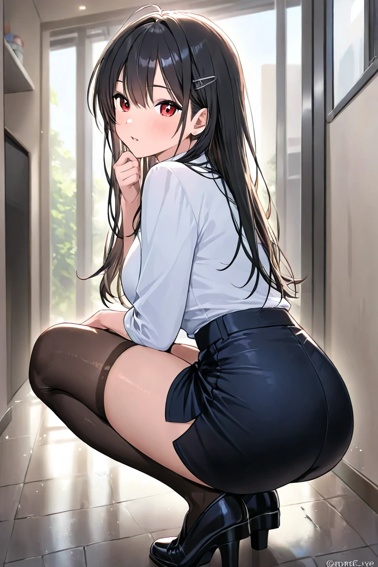 ((Casual Dress, Miniskirt, Pantyhose Tights, Feminine, 1 girl,solo,Medium large breasts: 1.2)), Beautiful, Seductive,beauty, Black Hair,Waist Long Hair,Blunt Bangs,Well-Groomed Fingers,Embarrased,Blushing,18 years old, (girl is peeing self:1.1),from below