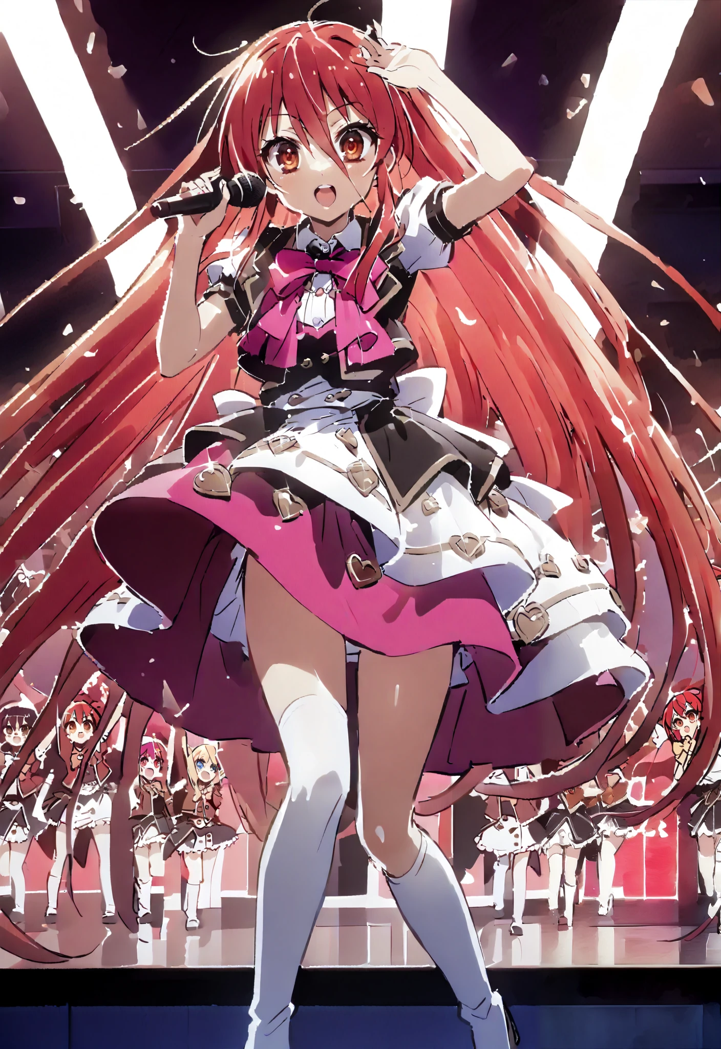 score_9, score_8_up, score_7_up, source_anime,shana , very long hair, red hair, Red Eyes, stupid hair, small ,idol costume, dress,collared  dress,jacket,cropped jacket,Short sleeve,bowtie,bow,button, above Decorati has ,is standing,dancing,(white knee-high:1.2),boots,アイドル歌手がライブ ステージで熱狂的に歌うシーンのillustration,アイドル歌手が ステージ中央にis standing, idol singers sing with microphones , idol singers are serious and impressive ,The singer&#39;s voice is strong and beautiful. ,  fans gather around the stage ,   fans sing and dance with idol singers Idol singers who do things  ,The Big Picture, Various colored lights ,full bodyがillustrationに入るように,break indoors, concert venue,
break looking at viewer,full body,
break (masterpiece:1.2), best quality, high resolution, Unity 8k Wallpaper, (illustration:0.8), (beautiful detailed eyes:1.6), very detailed face,  so that it fits into the illustration, extremely detailed CG,full body写真, (perfect hand, perfect anatomy),
