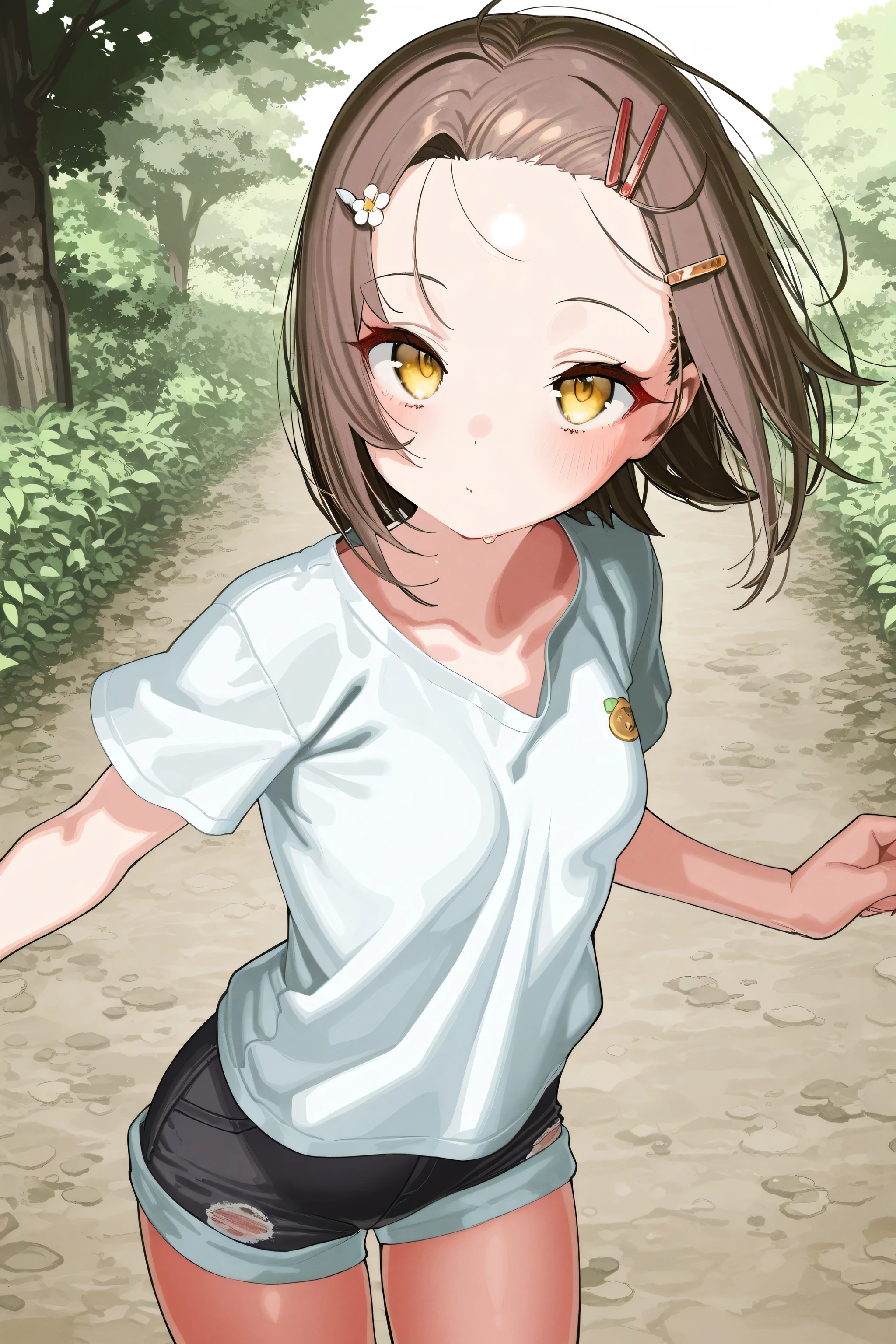 ((Best quality)), ((masterpiece)), (detailed), Megumin from the anime Konosuba is standing by the road, she has naked very small breasts with bare nipples.