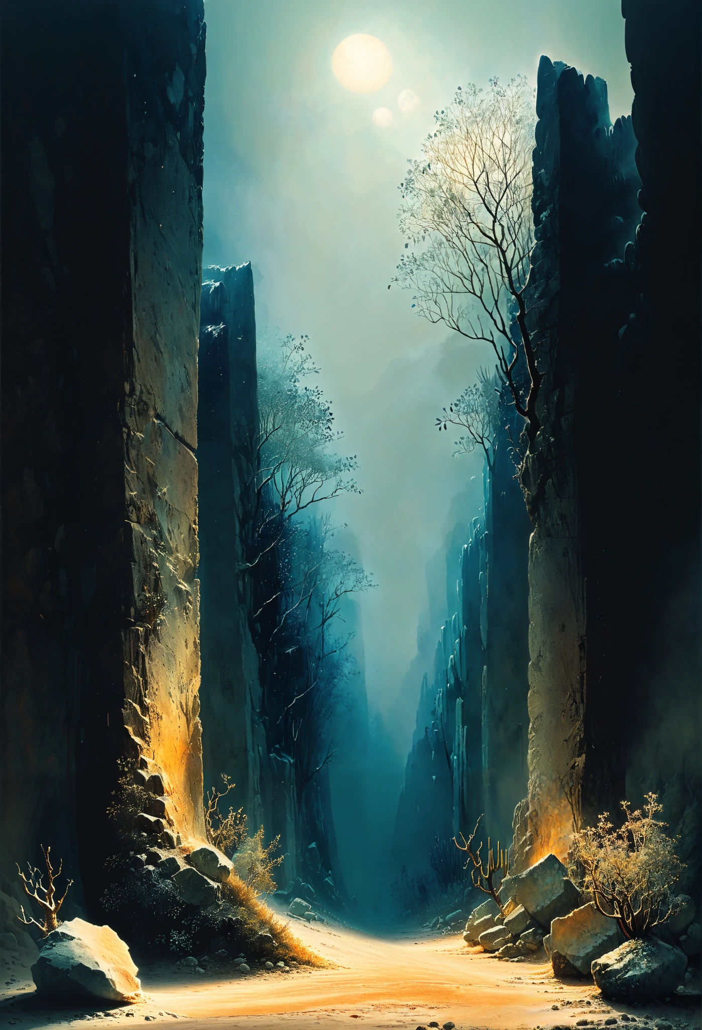 å® å¤ ã® ç©ºé' , A crystal forest that resonates with harmonic vibrations, A rustic canyon that winds through an arid landscape , Exotic plants, Dynamic Lighting, Dreamyvibes Art Style,