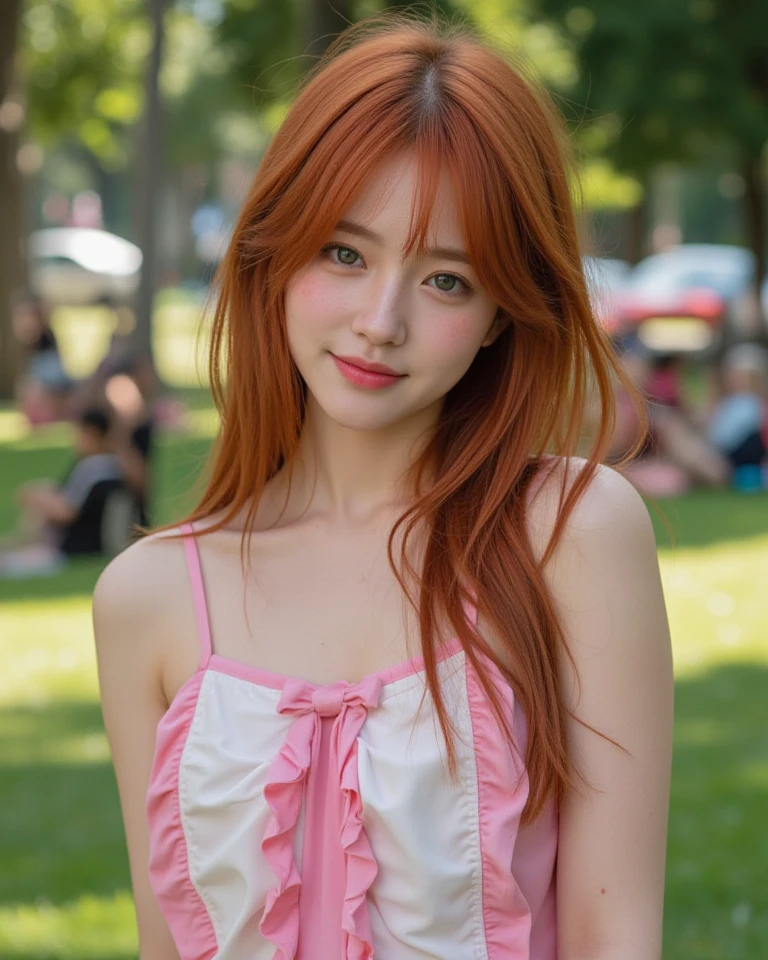 18 year old female, redhead, Upper body, race, pink half cup bra, T-back, choker, captivating gaze, chuckle