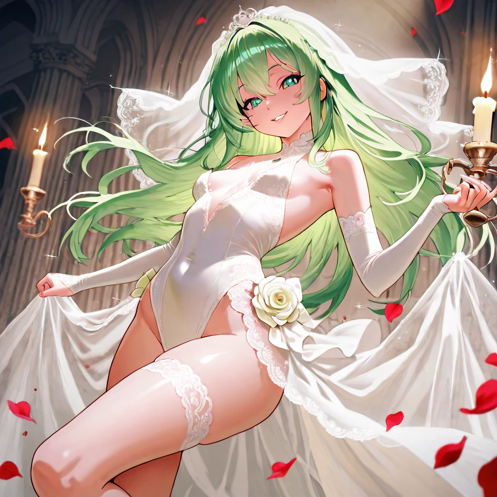 1girl,long hair, masterpiece, best quality, {medium breasts}, pointy ears, mature female, light green hair, expressionless, cupping hands, jewelry, (((((hair over one eye))))), covered navel, head wreath, hand on own thigh, cleavage, floating hair, light smile, bridal veil, leotard, facing viewer, standing, frills, {bridal garter}, white thighhighs, green eyes, detailed eyes, half-closed eyes, happy, own hands clasped, wedding dress, dot mouth, church, wedding, petals, holding bouquet, open mouth, the pose, elbow gloves, lace-trimmed gloves, ass visible through thighs,