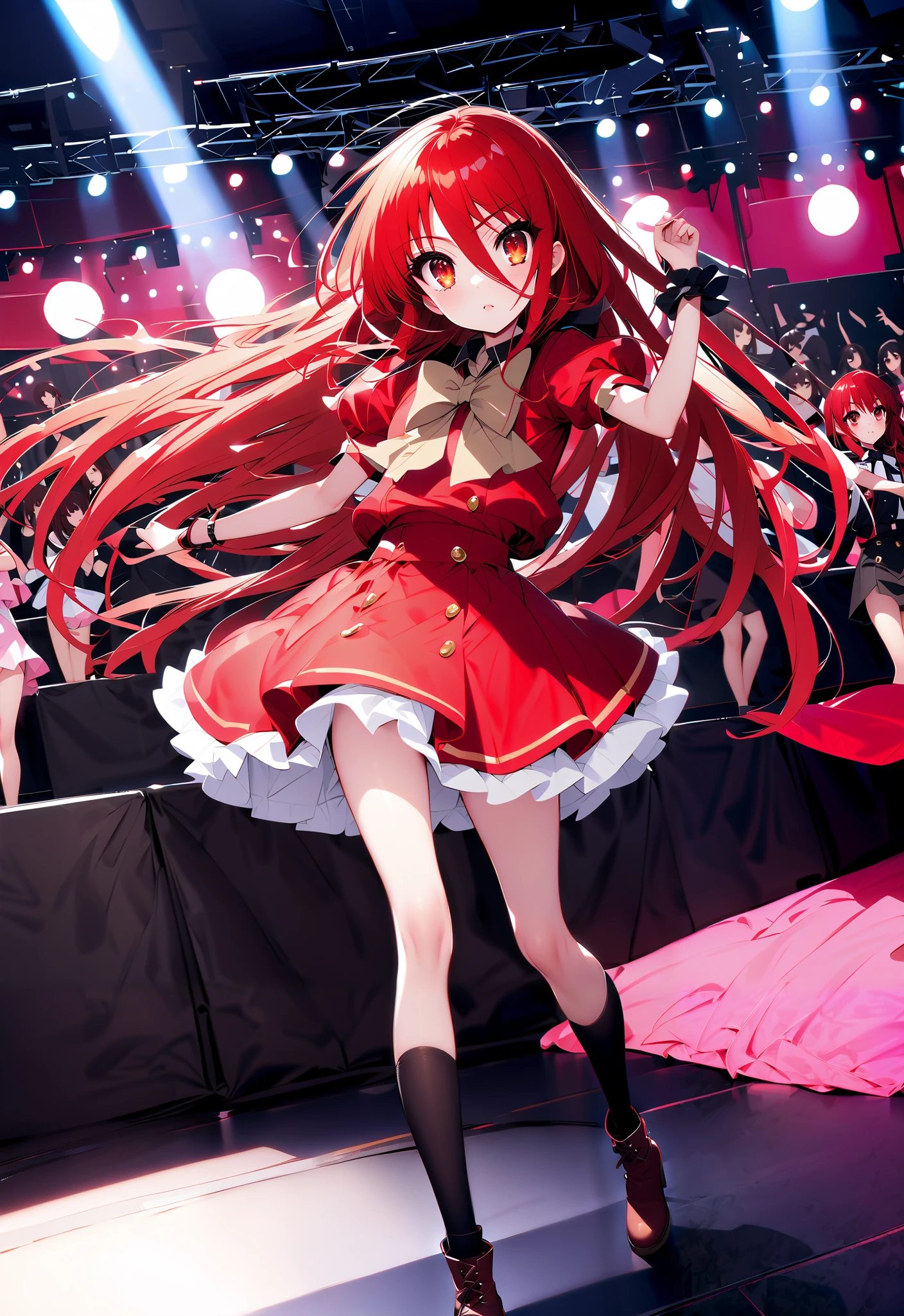 shana , very long hair, red hair, Red Eyes, stupid hair, small ,idol costume, dress,collared  dress,jacket,cropped jacket,Short sleeve,bowtie,bow,button, above Decorati has ,is standing,dancing,(white knee-high:1.2),boots,アイドル歌手がライブ ステージで熱狂的に歌うシーンのillustration,アイドル歌手が ステージ中央にis standing, idol singers sing with microphones , idol singers are serious and impressive ,The singer&#39;s voice is strong and beautiful. ,  fans gather around the stage ,   fans sing and dance with idol singers Idol singers who do things  ,The Big Picture, Various colored lights ,full bodyがillustrationに入るように,break indoors, concert venue,
break looking at viewer,full body,
break (masterpiece:1.2), Top Quality, high resolution, Unity 8k Wallpaper, (illustration:0.8), (beautiful detailed eyes:1.6), very detailed face,  so that it fits into the illustration, extremely detailed CG,full body写真, (perfect hand, perfect anatomy),
