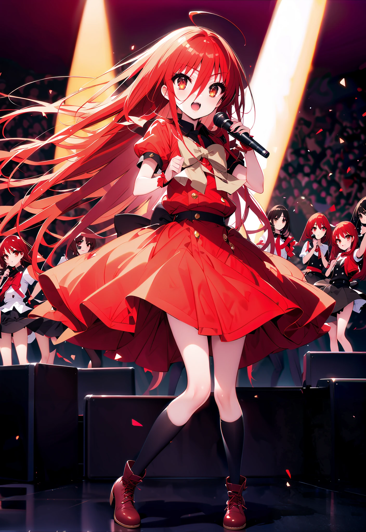 shana , very long hair, red hair, Red Eyes, stupid hair, small ,idol costume, dress,collared  dress,jacket,cropped jacket,Short sleeve,bowtie,bow,button, above Decorati has ,is standing,dancing,(white knee-high:1.2),boots,アイドル歌手がライブ ステージで熱狂的に歌うシーンのillustration,アイドル歌手が ステージ中央にis standing, idol singers sing with microphones , idol singers are serious and impressive ,The singer&#39;s voice is strong and beautiful. ,  fans gather around the stage ,   fans sing and dance with idol singers Idol singers who do things  ,The Big Picture, Various colored lights ,full bodyがillustrationに入るように,break indoors, concert venue,
break looking at viewer,full body,
break (masterpiece:1.2), best quality, high resolution, Unity 8k Wallpaper, (illustration:0.8), (beautiful detailed eyes:1.6), very detailed face,  so that it fits into the illustration, extremely detailed CG,full body写真, (perfect hand, perfect anatomy),