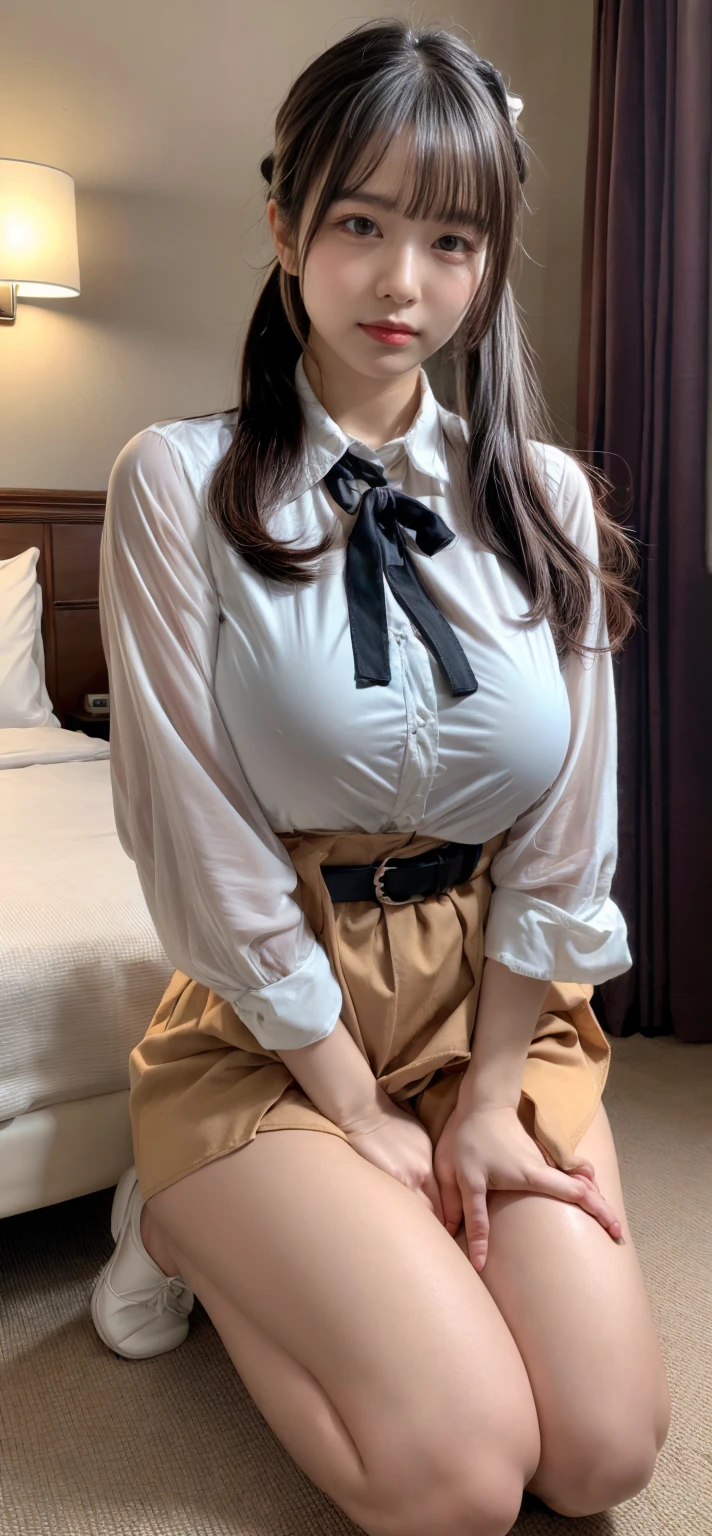 (Highest quality、Highest quality、Raw quality)、Japanese ID, Mature Woman, ((Chubby round face around 40 years old)), Wavy black hair with no bangs, Medium Long Hair, ponytail, Flashy makeup, Fuller lips, Sexy Gaze, uniform, ((dressing)), looking at the camera, Low angle shooting, Cute duck lips,((Very accurate and correct anatomy)),  (masterpiece:1.3), Perfect proportions, Realistic photos, Full Shot, whole body, (height: 148cm), High heels