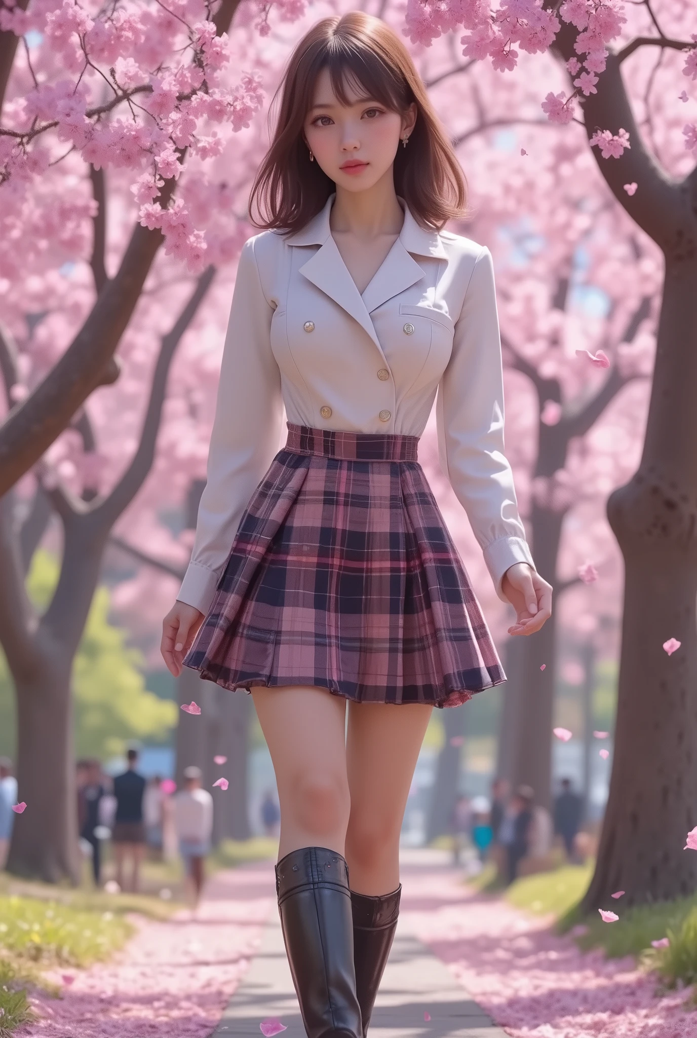 (Top Quality、masterpiece、winning work、16k), 、A solo cute busty girl、school uniforms、blazers、white shirt、in a tartan check skirt、knee-high socks、 leather loafers、((big breasts:1.2), (Big Breasts:1.2), (raised and crisp bust:1.2), (lifts the chest:1.2), (Perky breasts :1.2), , ( double breasted,Underbust:1.2), button gap with, walks under a row of cherry blossom trees、Graduation Ceremony、Celebration 、Sakura Fubuki