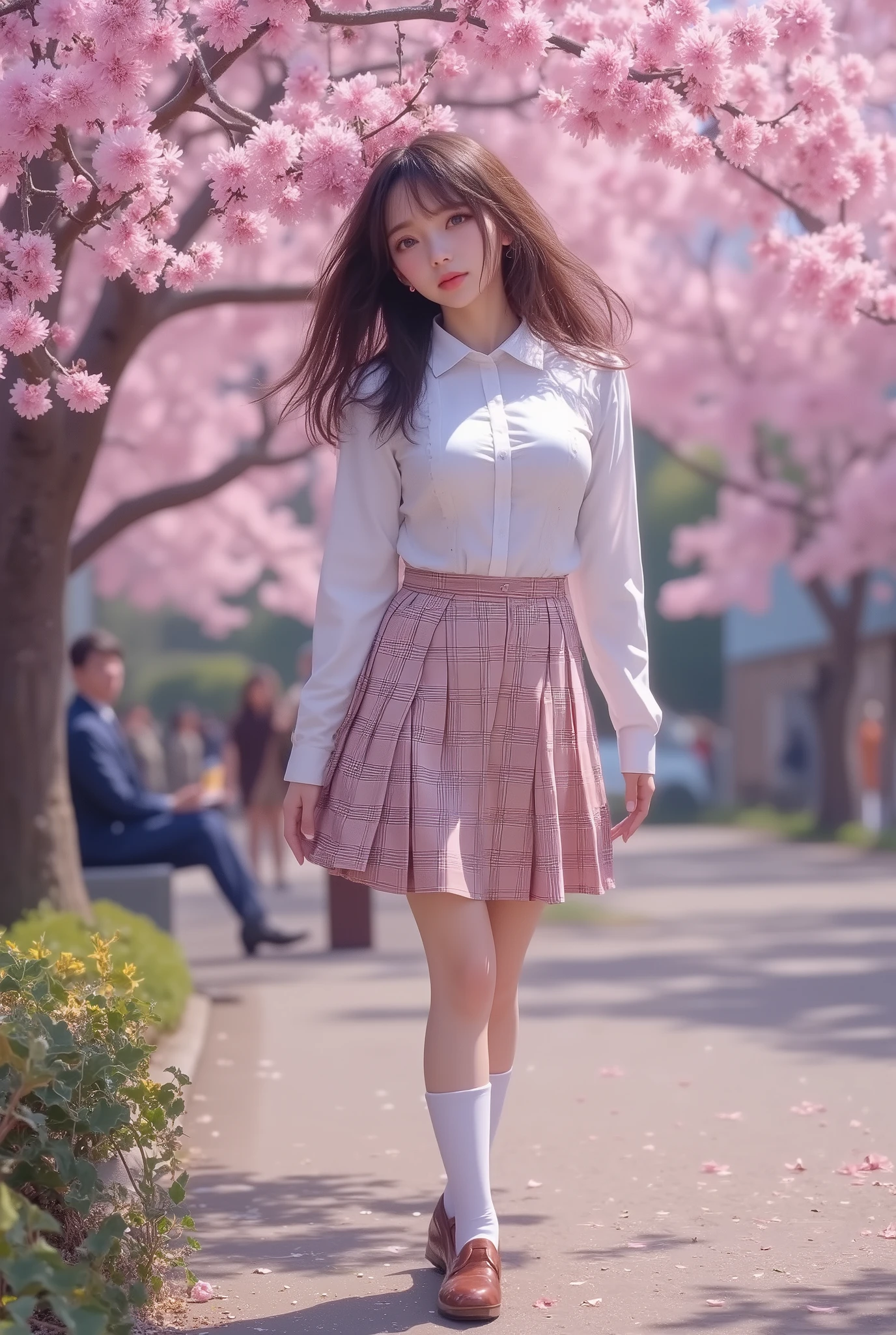 (Top Quality、masterpiece、winning work、16k), 、A solo cute busty girl、school uniforms、blazers、white shirt、in a tartan check skirt、knee-high socks、 leather loafers、((big breasts:1.2), (Big Breasts:1.2), (raised and crisp bust:1.2), (lifts the chest:1.2), (Perky breasts :1.2), , ( double breasted,Underbust:1.2), button gap with, walks under a row of cherry blossom trees、Graduation Ceremony、Celebration 、Sakura Fubuki