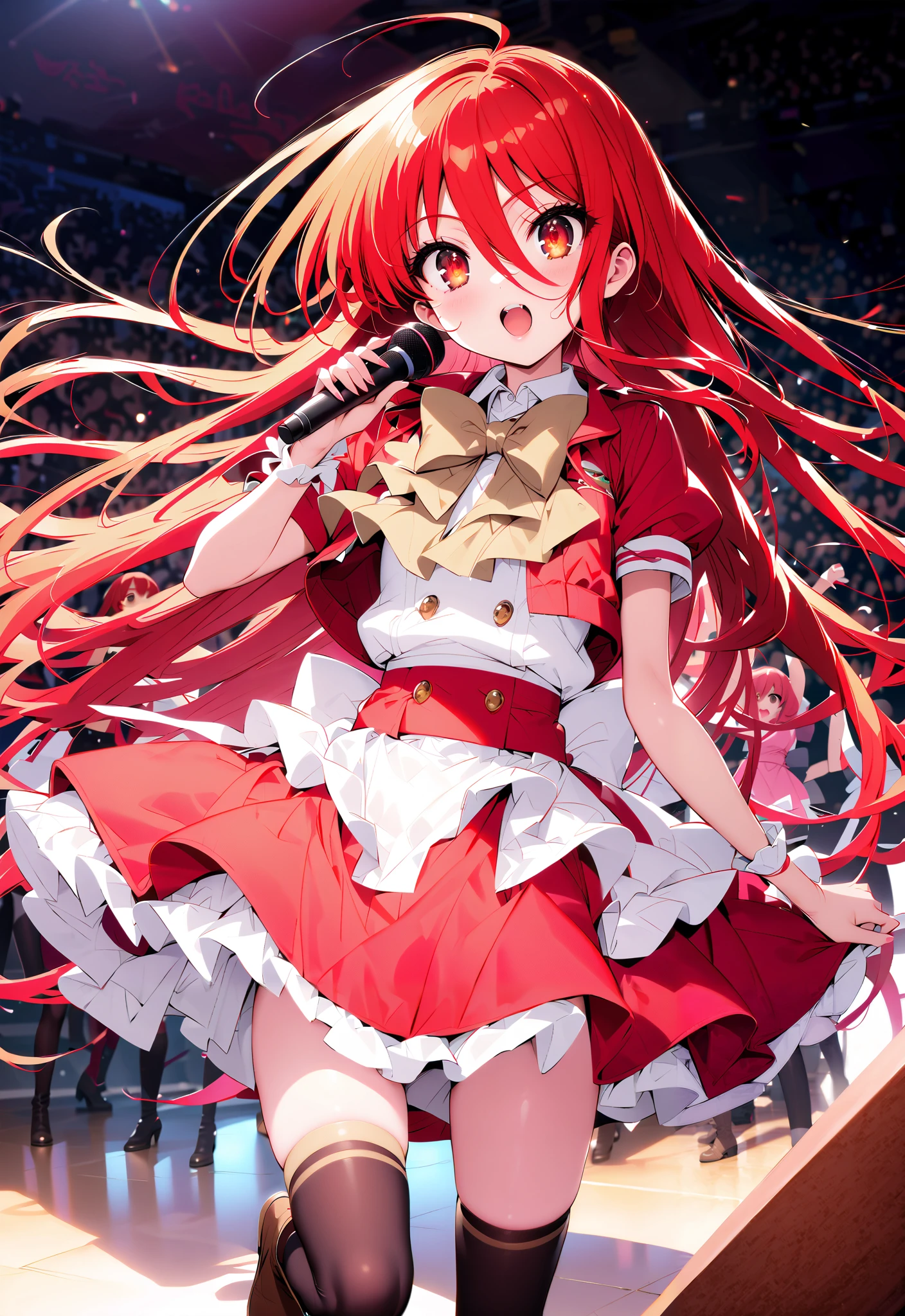 shana , very long hair, red hair, Red Eyes, stupid hair, small ,idol costume, dress,collared dress,jacket,cropped jacket,Short sleeve,bowtie,bow,button, above Decorati has ,is standing,dancing,(white thigh knee-highs:1.2),boots,アイドル歌手がライブ ステージで熱狂的に歌うシーンのillustration,アイドル歌手が ステージ中央にis standing, idol singers sing with microphones , idol singers are serious and impressive ,The singer's voice is strong and beautiful. , fans gather around the stage , fans sing and dance with idol singers Idol singers who do things ,The Big Picture, Various colored lights ,full bodyがillustrationに入るように,break indoors, concert venue,
break looking at viewer,full body,
break (masterpiece:1.2), Top Quality, high resolution, Unity 8k Wallpaper, (illustration:0.8), (beautiful detailed eyes:1.6), very detailed face, so that it fits into the illustration, extremely detailed CG,full body写真, (perfect hand, perfect anatomy),