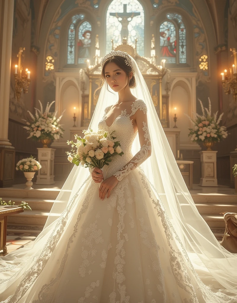 1 beauty white wedding dress interior background(Best quality, Detailed details, Masterpiece, , 4K, Chiaroscuro，Ultra-realistic, highly detailed Canon videography )