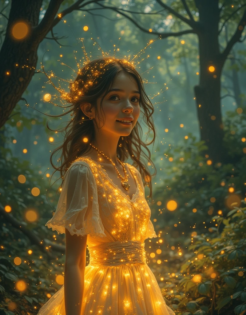 A swarm of fireflies encircled the beautiful girl, their gentle glow illuminating her surroundings. cinematic shot + dynamic composition, incredibly detailed, sharpen, details + intricate detail + professional lighting, film lighting + 35mm + anamorphic + lightroom + cinematography + bokeh + lens flare + film grain + HDR10 + 8K + Roger Deakins, ((cinematic))