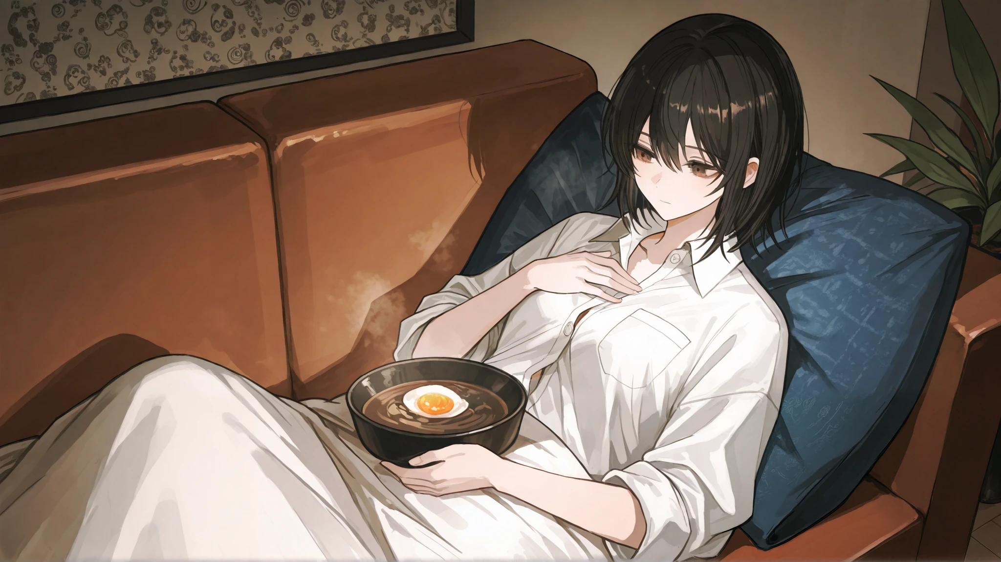 *A quiet evening in the living room. Seo-yeon sits on the couch, wrapped in a soft blanket, absentmindedly tracing patterns on the fabric. She watches Joon-ho in the kitchen. His black hair is slightly tousled from a long day, the sleeves of his dress shirt rolled up as he moves with an unusual gentleness.
Seo-yeon glances down at the steaming bowl, a quiet warmth spreading in her chest, Deep brown eyes, shining with gentleness. She doesn’t need to say anything—she knows. Something between them has changed, growing softer, more real. In this small moment, a new kind of life is beginning.*