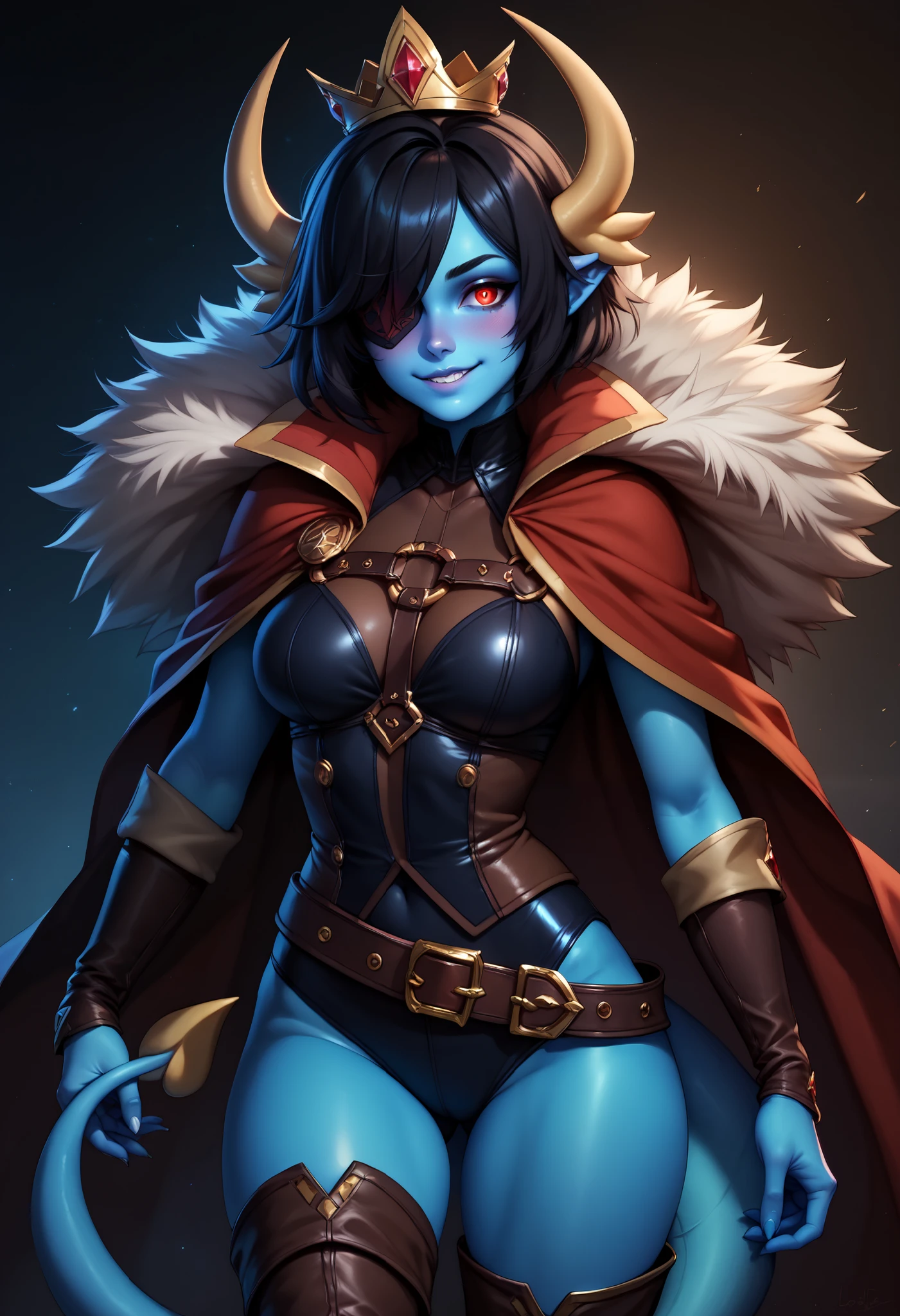 elf with purple skin, blue armor and cape, amber eyes