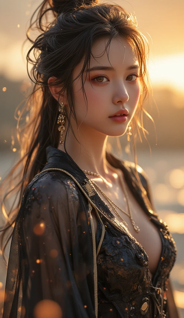 Best Quality, Masterpiece, Ultra High Resolution, (Realistic: 1.4) 1 Girl, beautiful_face, Detailed Skin, Full Body, Yuhuo, Fire, Jewelry, Solo, Earrings, (Fire: 1.3), Blur, Realistic, Lips,
