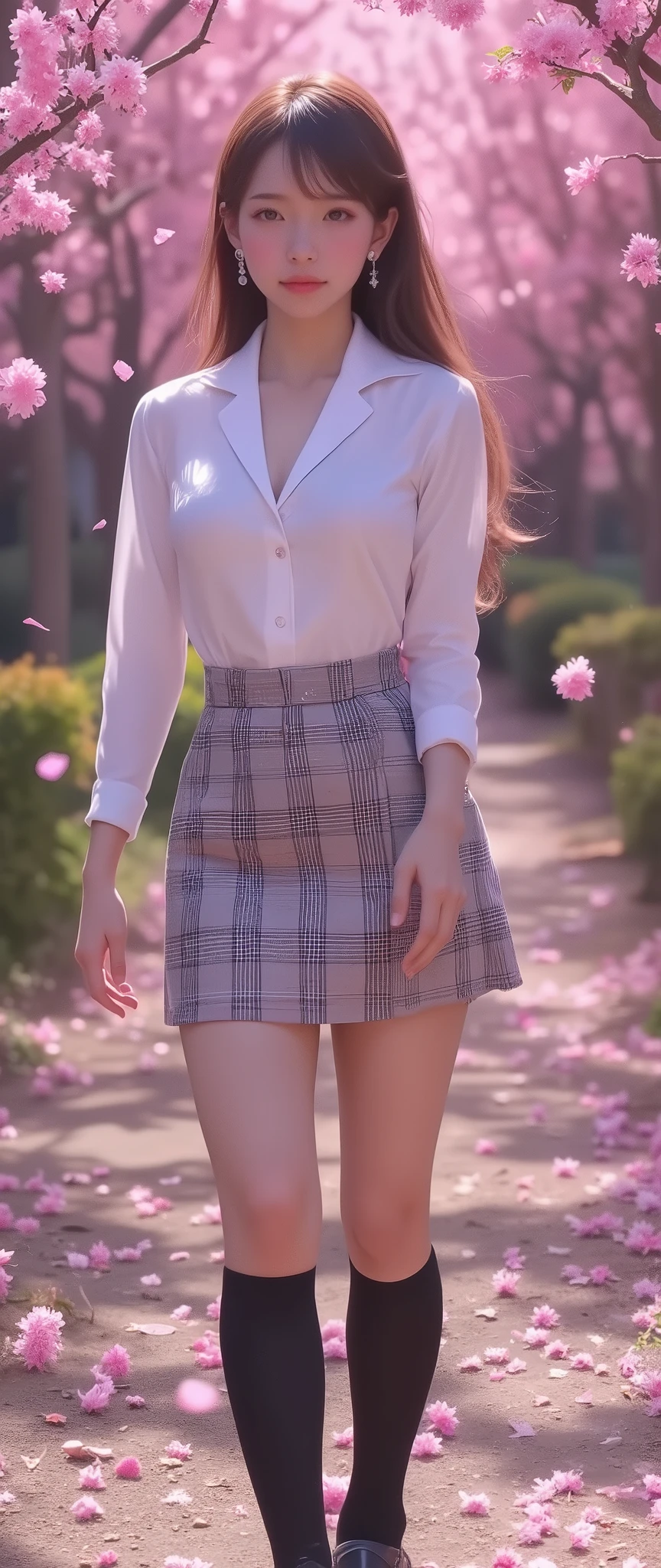 (Top Quality、masterpiece、winning work、16k), 、A solo cute busty girl、school uniforms、blazers、white shirt、in a tartan check skirt、knee-high socks、 leather loafers、((big breasts:1.2), (Big Breasts:1.2), (raised and crisp bust:1.2), (lifts the chest:1.2), (Perky breasts :1.2), , ( double breasted,Underbust:1.2), button gap with, walks under a row of cherry blossom trees、Graduation Ceremony、Celebration 、Sakura Fubuki