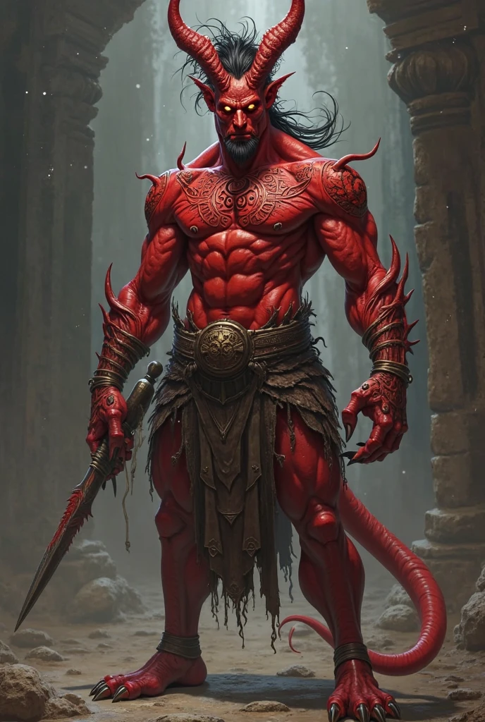 In a dimly lit cave, an Oni glares menacingly at its intruders. Its muscular body is covered in red skin, adorned with tiger-striped loincloths. Two sharp horns protrude from its forehead, and it holds a massive club in its hand. The background is filled with flickering torches and shadows, adding to the ominous atmosphere.