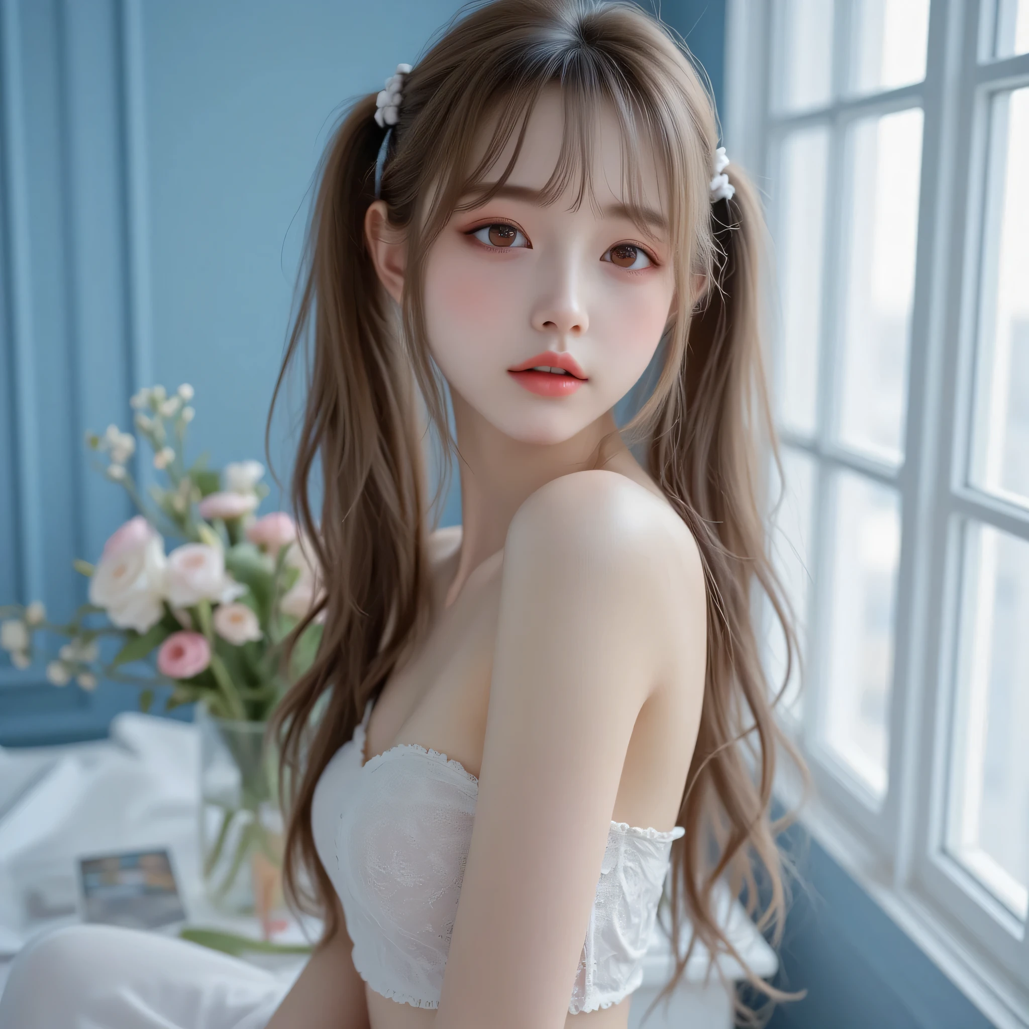 Young 18 years old skinny korean cute girl with brunette long hair in a very nice white nylon tights and white top in that we can see her nipples a little bit, she is posing in a blue walls room