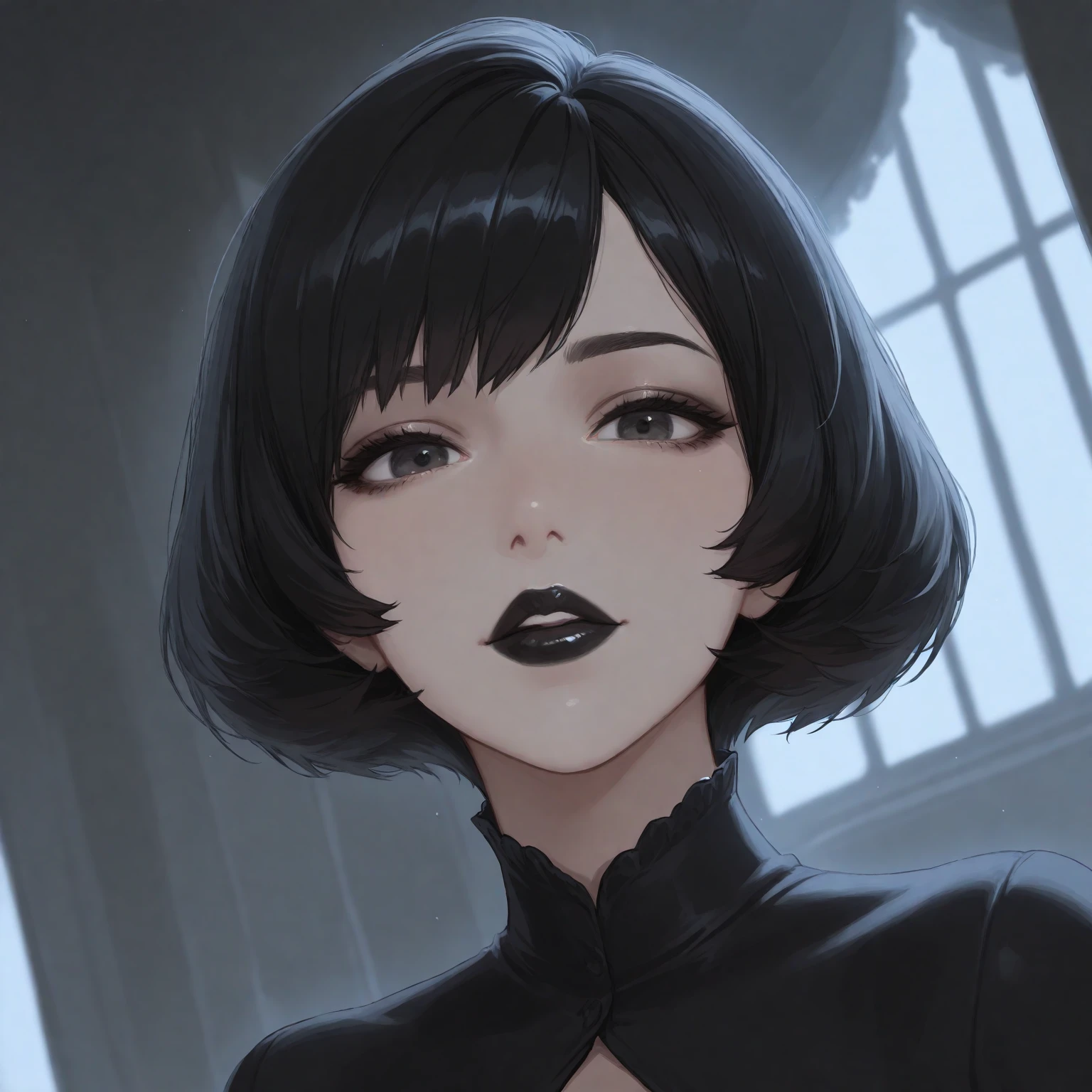 (dark theme:0.6), mevis, 1 girl, shorth hair, black hairr, eyes black, make up, lipstick, black lips , ssmile (HDR:1.22), subdued colors,Full-body image, complex background, 超detailded, until [[by Jordan Grimmer]]