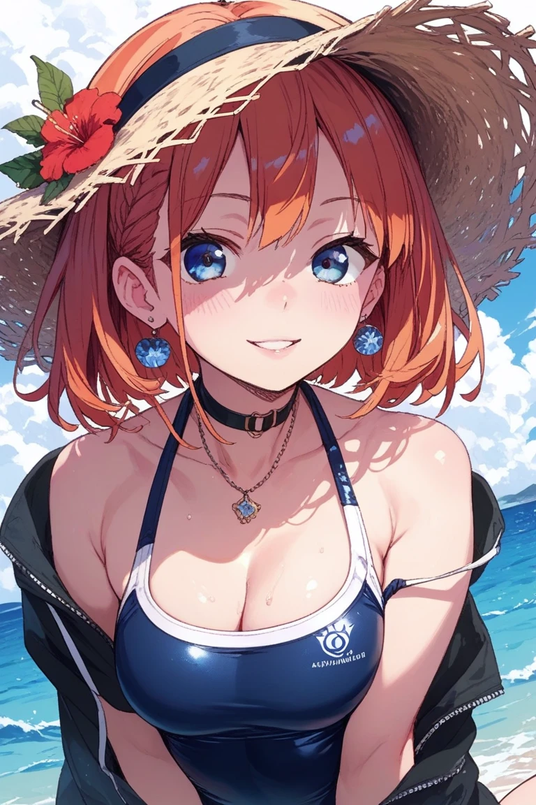 (masterpiece, highest quality:1.2),figure,8k,hd,kurosaki mea,cowboy shot,1 girl,length hair,whole body,Upper body,(portrait:1.2),smile,blue eyes,hair ornament,smile、belly button,long hair,purple eyes,Red hair,small breasts,bikini swimwear,string swimsuit,straw hat,barefoot,Ocean,beach,water play,(masterpiece:1.2), highest quality, High resolution, unity 8k wallpaper, (shape:0.8), (beautiful and detailed eyes:1.6), highly detailed face, perfect lighting, Very detailed CG, (perfect hands, perfect anatomy),