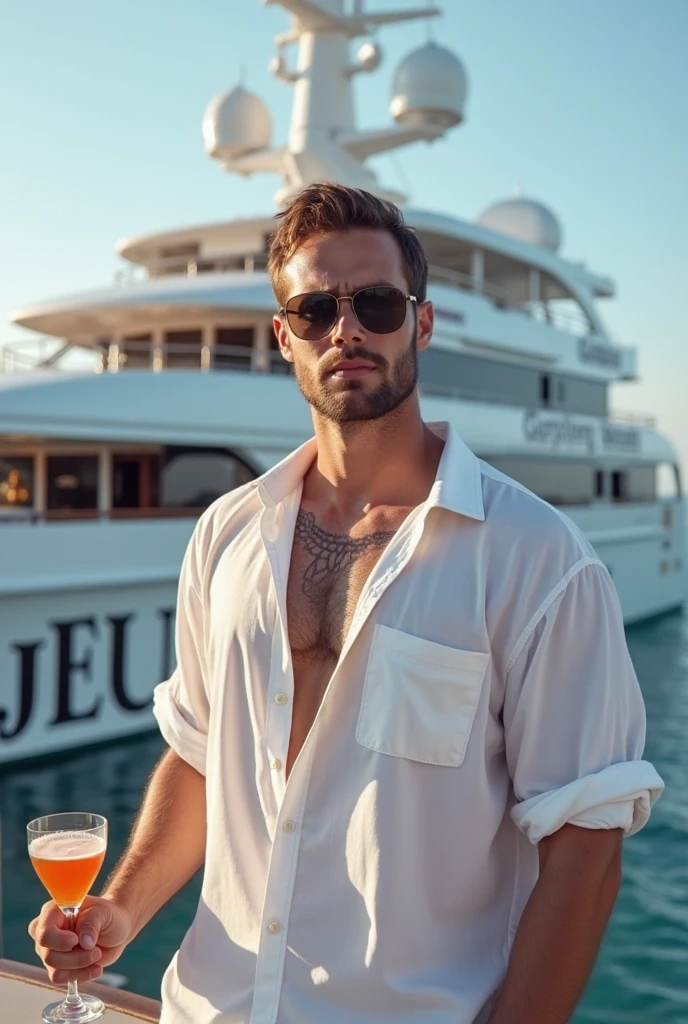 "The blonde man with blue eyes and a Hollywood star look stands confidently on the deck of a luxurious yacht, surrounded by women in bikinis enjoying the night. He is dressed in floral-patterned shorts, a crisp white shirt, a stylish bracelet, and white sneakers, with red sunglasses on his head. His well-defined face is illuminated by the soft glow of evening lights. The women are holding tropical drinks and having a good time, adding to the lively, glamorous atmosphere. The yacht is moored in a vibrant, paradise-like city, with neon lights and the city skyline reflecting off the water. The scene is captured with a high-resolution DSLR and a 50mm f/1.2 lens, highlighting the man’s presence and the colorful, energetic environment around him."
