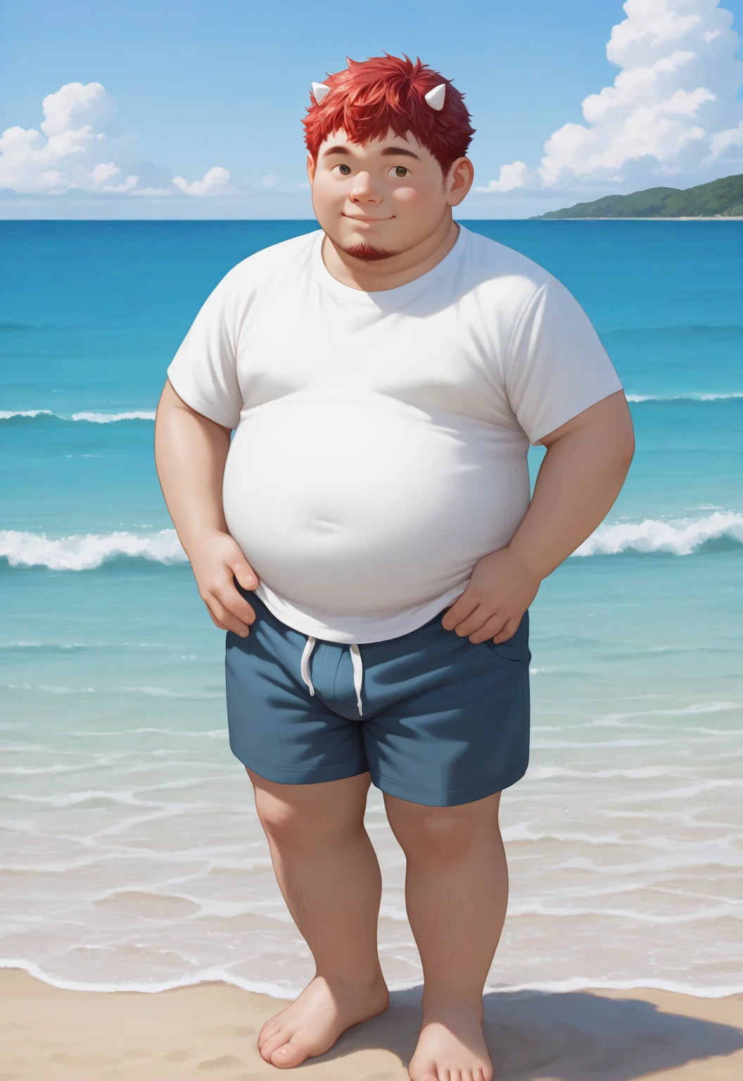 A fat man,Big eyes,Black round glasses,short hair,Round inches,Big round face,Very large and well-developed chest muscles,Big full belly,Standing on the beach far away from the sunset,The upper body is bare,Wearing briefs with bulge in the crotch,Oriental male,full-body shot