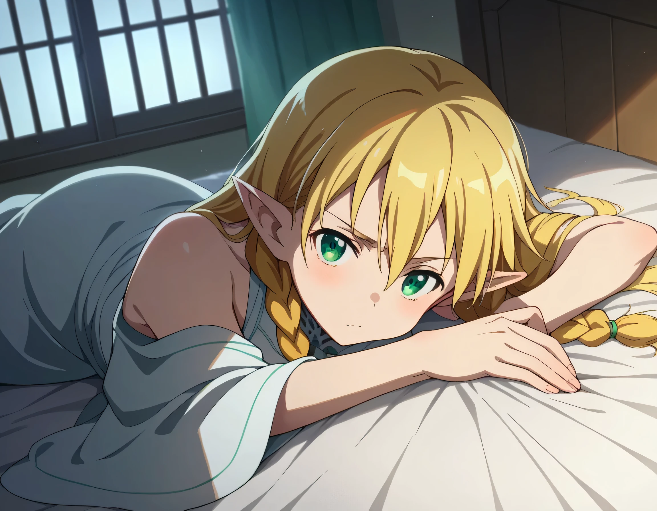 1girl, suguha kirigaya, long hair, blonde hair, hair between eyes, green eyes, braid, pointy ears, twin braids, wearing a light blue, delicate lace-trimmed dress with thin straps, Over shoulders is a sheer white shawl or robe, rise one arm up, indoors, warm natural light streaming through a nearby window, soft shadows and gentle, serene atmosphere, Lying in bed, looking at viewer, from above, legs apart, whole body