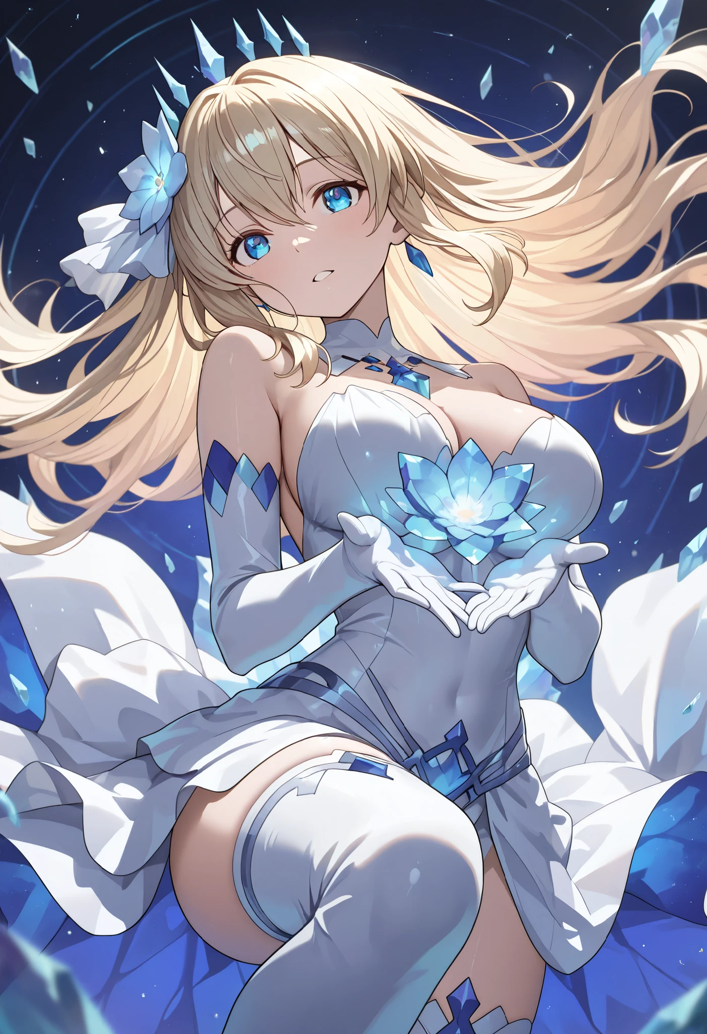 Hikari \(Xenoblade\), One girl, armor, bangs, Exposing shoulders, Blonde, chest, chestの谷間, Mouth closed, dress, Earrings, elbow gloves, eyelash, Floating Hair, gem, gloves, hair ornaments, hair band, Headpiece, jewelry, large chest, Lean back, Long Hair, Neon Trim, Official Art, Pause, saitou masatsugu, Side Lock, Fits perfectly to the skin, smile, alone, Are standing, swept bangs, tiara,very Long Hair, white dress,grassland