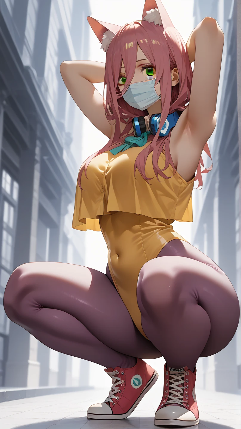 cute, shy muscular woman, covering her face with her hands in embarrassment, blushing, view from below, upskirt, sfw, yellow panties, camel toe, thick thighs, illustration, anime-like style