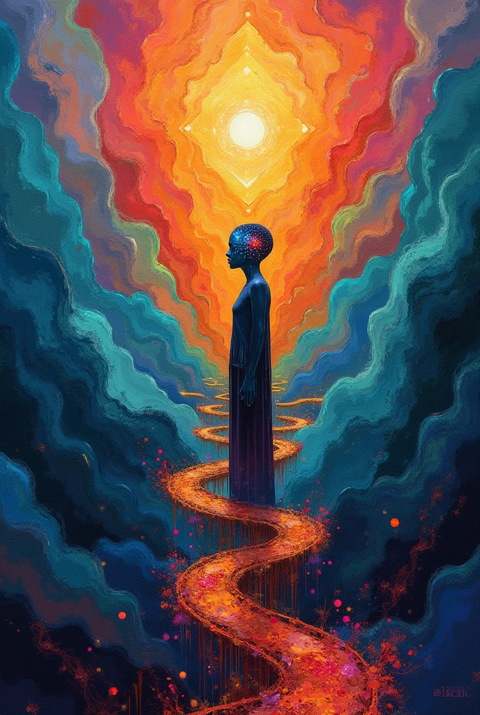 album cover with modern and minimalist frame, orange human figure emerging from the blue sea and ascending to the violet heavens, yellow inca sun in the upper background, mountains in the lower background, swirly vibrant colors, psychedelic art