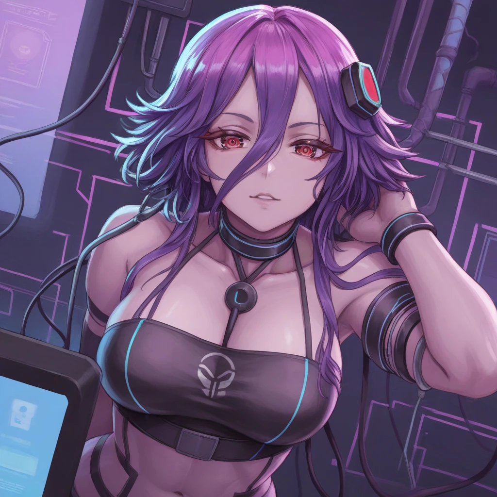 ((masterpiece, best quality)), 1girl, mizushiro celica, purple eyes, purple hair, twintails, white shirt, red strapless bra, open shirt, tie, cat ears, headphones <lyco:mizushiroCelicaBeatmania:0.75>