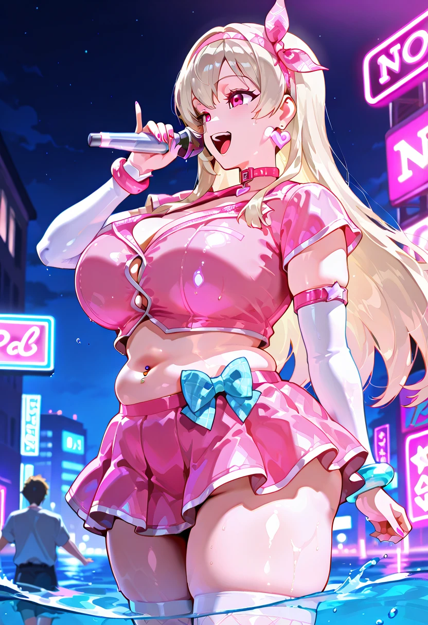 (masterpiece), best quality, expressive eyes, perfect face, Sexy female, (((bimbo))), blonde hair, blue eyes, huge breasts, huge butt, full body, seductive, ((1girl)), pink high heels, ((((bully)))), (school background), front facing, (spoiled brat), (pink outfit)