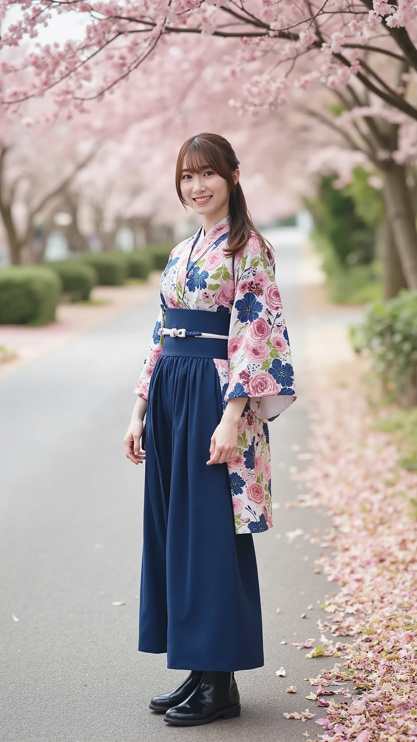 The high resolution photograph of a young Japanese female idol, intricate details, extremely detailed, sharp focus, natural soft lighting, solo, 1girl, (floral print kimono, indigo blue hakama, black short boots), (standing on the path, face focus, facing up, looking at the camera, wide angle view, lower angle shot), pale skin, smiling, detailed face, detailed eyes, seductive eyes, natural make-up, ponytail glossy brown hair, red hair ribbon barrette, outdoors, (cherry blossom trees line, petals falling),