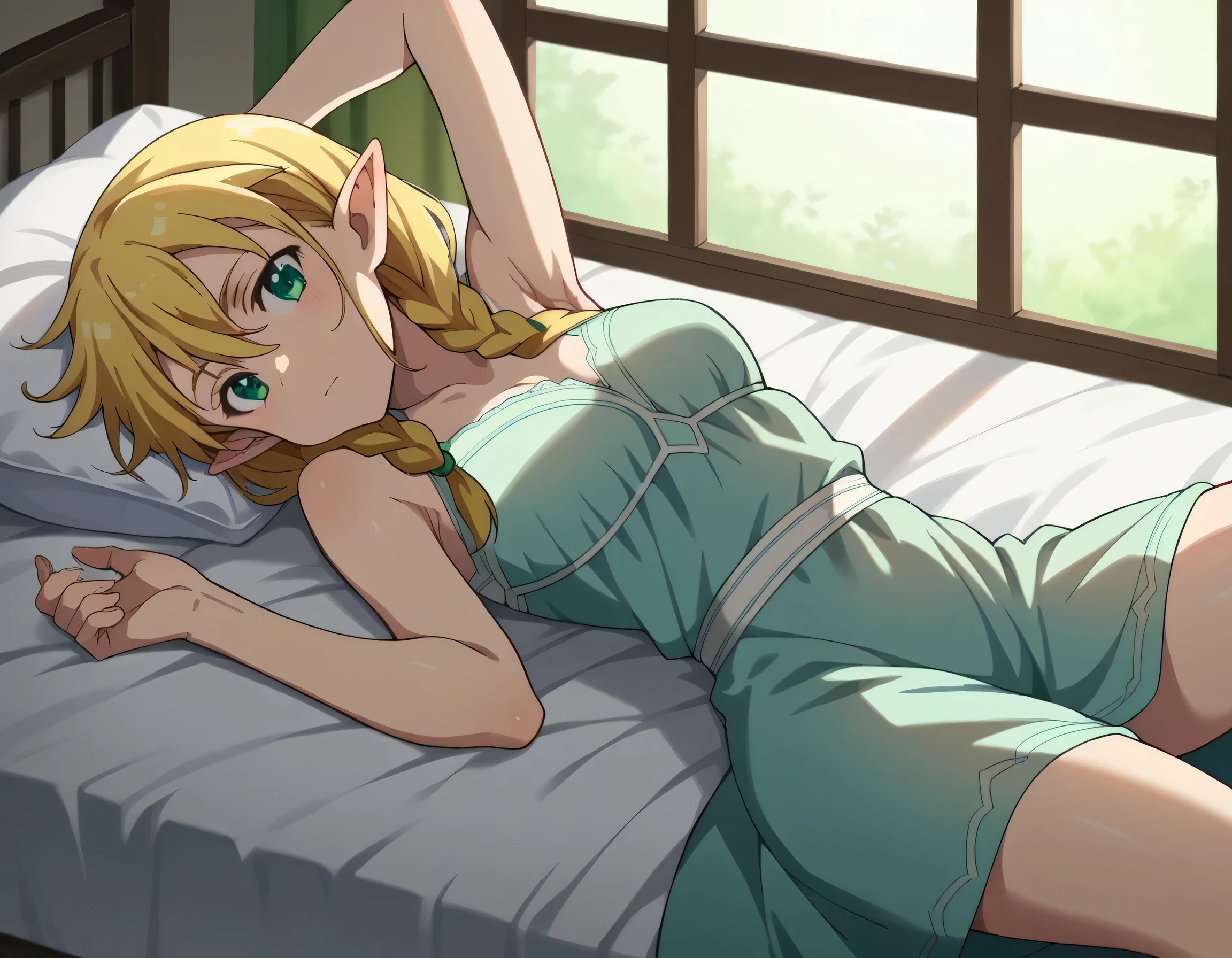 1girl, suguha kirigaya, long hair, blonde hair, hair between eyes, green eyes, braid, pointy ears, twin braids, wearing a light blue, delicate lace-trimmed dress with thin straps, Over shoulders is a sheer white shawl or robe, rise one arm up, indoors, warm natural light streaming through a nearby window, soft shadows and gentle, serene atmosphere, Lying in bed, looking at viewer, from above, legs apart, whole body, Armpit