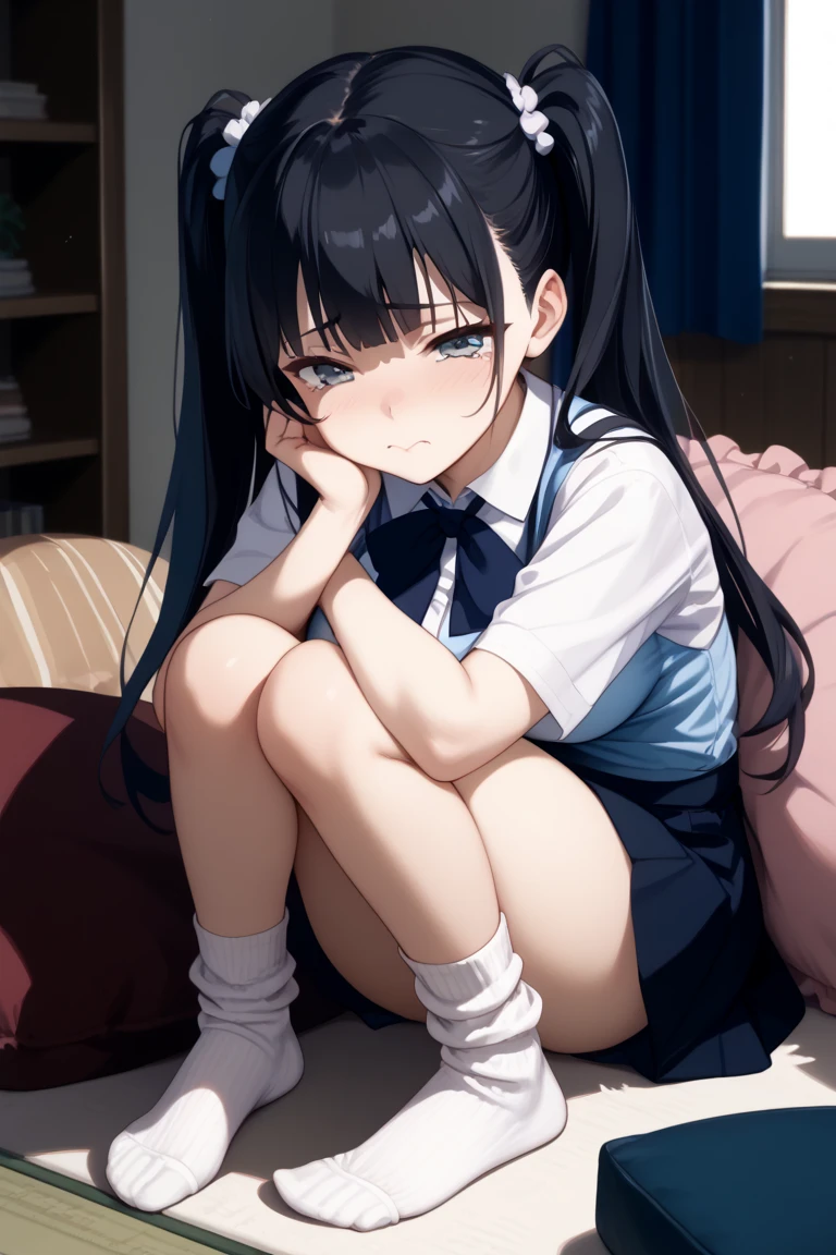 Hold the skirt with your hands,skirt lift,skirt hold,from front,front view,looking at viewer, looking ahead,from above,cowboy shot,1girl,Beautiful 11 year old girl,Japanese,Slender,,low length,Small breasts,Thin legs,Small Ass,Baby Face,Small face,Black Hair,Row Twin Tails,Gray Eyes,slit pupils, cat eyes,middle School girls,uniform,Short sleeve shirt,Checked tie,Checked mini skirt,white panties,socks,open mouth,tongue out,front face,Kneeling,Straight Stand,Beautiful and detailed anime art,Mischievous smile,Sexy vibe,cum on tongue,Dimly lit room,On the bed,Simple Background,Gray background,Low lighting,