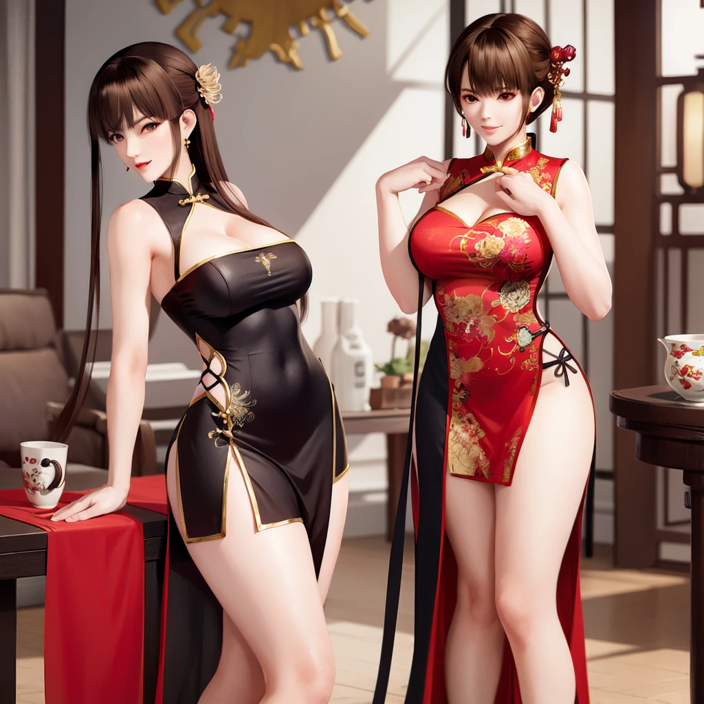 1girl, chinese clothes, dress, solo, breasts, hand on hip, window, long hair, high heels, cleavage, standing, china dress, medium breasts, indoors, looking at viewer, jewelry, lips, clothing cutout, brown eyes, smile, white dress, day time --auto --s2