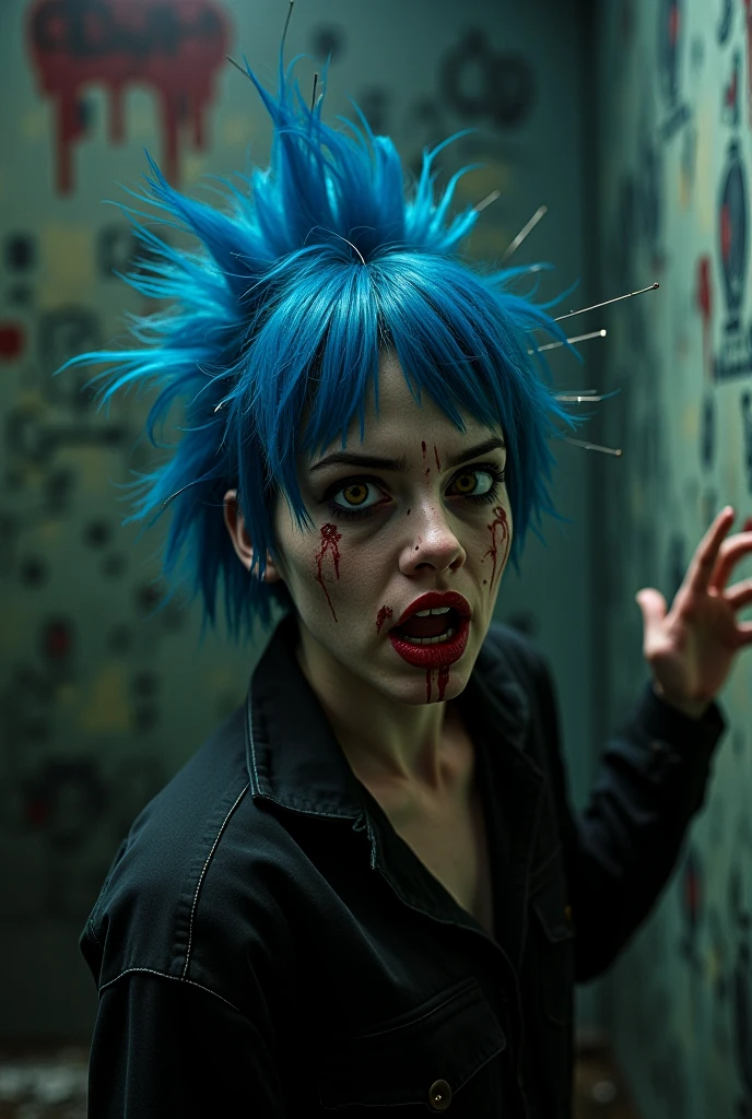 A woman with wild red and blue hair, crazed expression, blood splattered on her face, holding a baseball bat, in a bank interior, close-up portrait, (best quality,4k,8k,highres,masterpiece:1.2),ultra-detailed,(realistic,photorealistic,photo-realistic:1.37),dark moody lighting,dynamic composition,cinematic,horror,gritty,intense,visceral,dramatic
