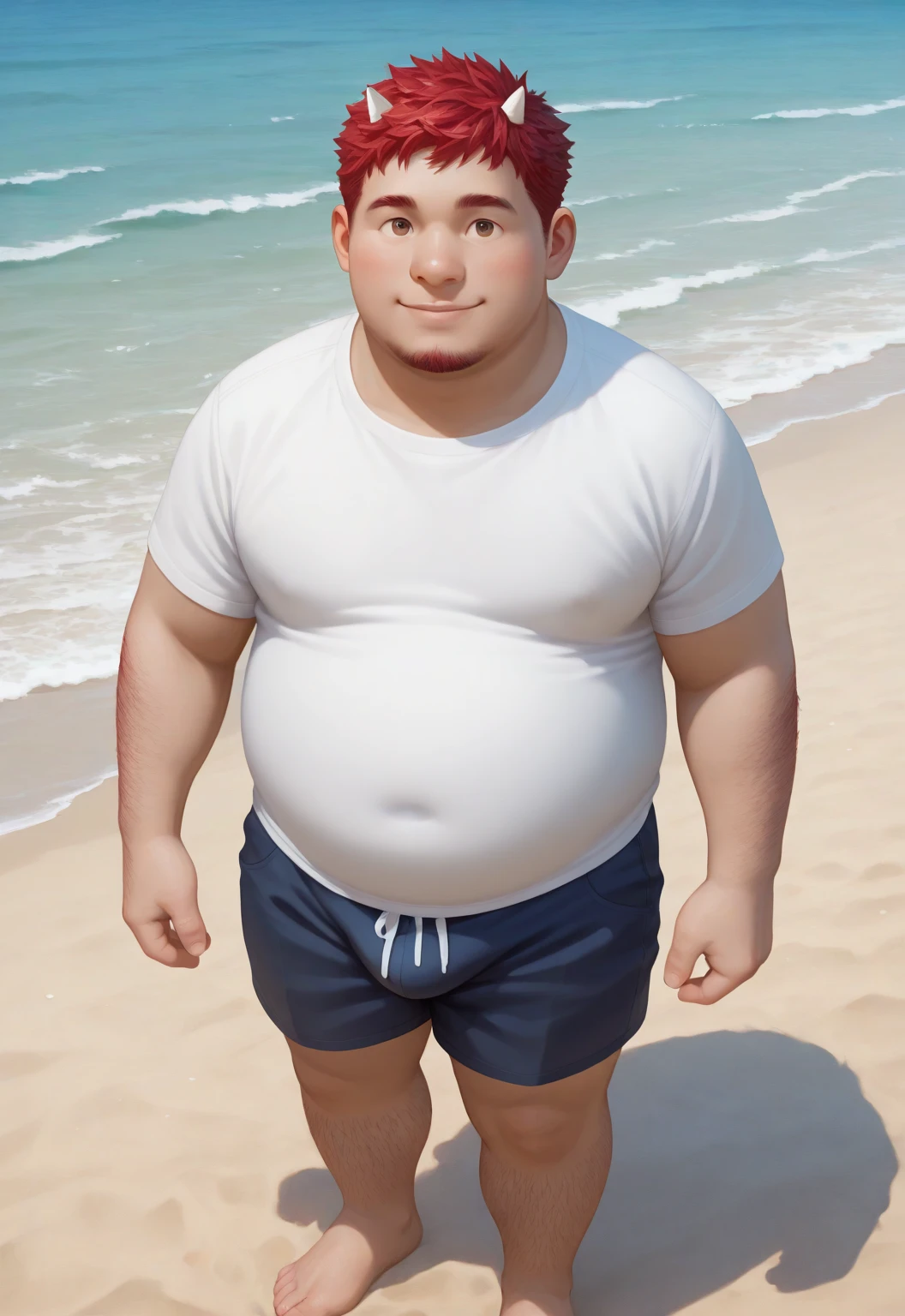 A fat man,Big eyes,Black round glasses,short hair,Round inches,Big round face,Very large and well-developed chest muscles,Big full belly,Standing on the beach far away from the setting sun,The upper body is bare,Wearing briefs with bulge in the crotch,Oriental male,full-body shot