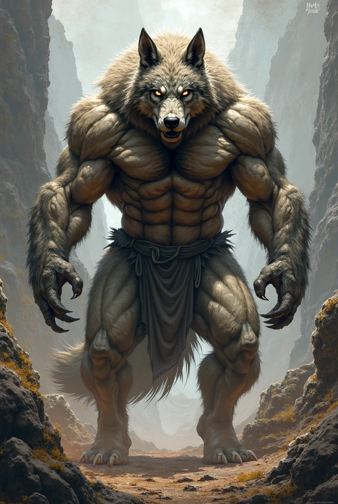 A burly, virile, and hairy werewolf with distinct wolf ears and a bushy tail, standing tall and proud against a full moonlit sky. His fur is thick and majestic, framing a powerful physique that is overmuscular and musclebound to the extreme. His broad shoulders and massive chest are accentuated by a thick mane of fur that cascades down his torso, while his overly thick arms and legs are covered in a lush, dark fur. The werewolf's body is a hulking figure, swelling with swollen muscles, veins bulging against his skin. His face is dominated by a long, bushy beard and a thick mustache, and his hair, which is beginning to grey with age, only serves to add to his rugged and imposing appearance. He is dressed in a traditional fundoshi, a Japanese loincloth, which struggles to contain his immense size and bulk. The werewolf's eyes glow a chilling shade of amber, reflecting the power and ferocity that simmers just beneath the surface of his burly exterior.