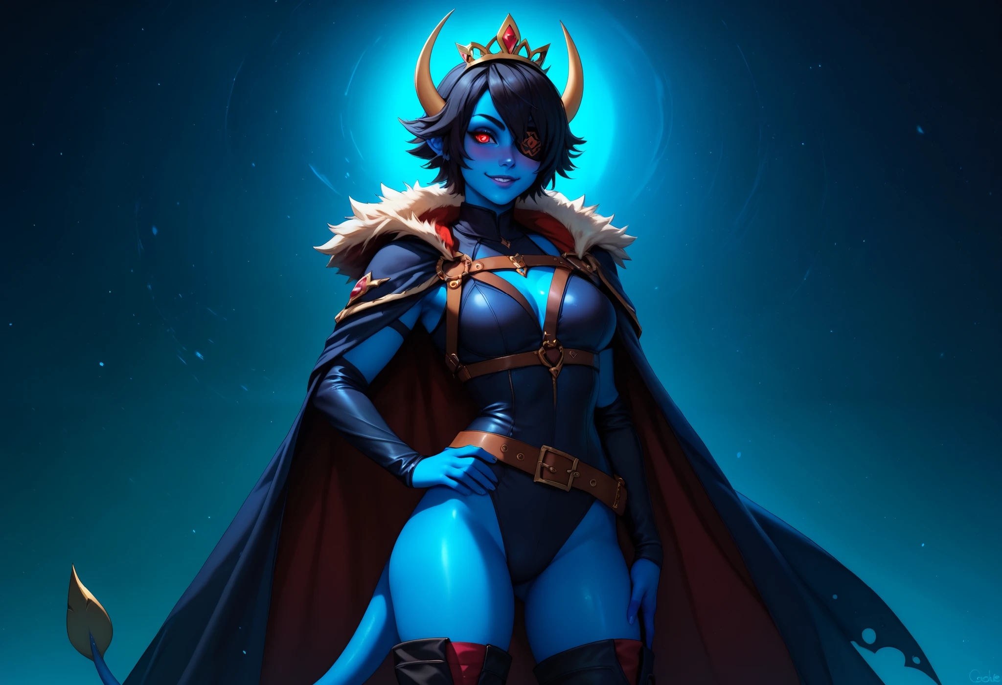 score_7, score_5, kawaii, a blue skinned barbarian elf, (blue_skin), pussy, clitoris, naked_armor, skull_ornament, spikes, red_armor, large_breasts, huge_nipples, breasts_apart, (bodypaint:1.25), circlet, forehead_jewel, curvy, thick_thighs, wide_hips, cape, thigh_boots, fat_mons, (clitoral_stimulation, female_masturbation:1.21), pussy_juice, pussy_juice_trail, sharp_teeth, red_gloves, black_hair, red_eyes, crazy_eyes, (uneven_eyes:1.1), evil_smile, (head_tilt:1.1), raised_eyebrow, looking_at_viewer, long braided hair, post-apocalypse fantasy theme, red sky, multiple_moons, (from_below),